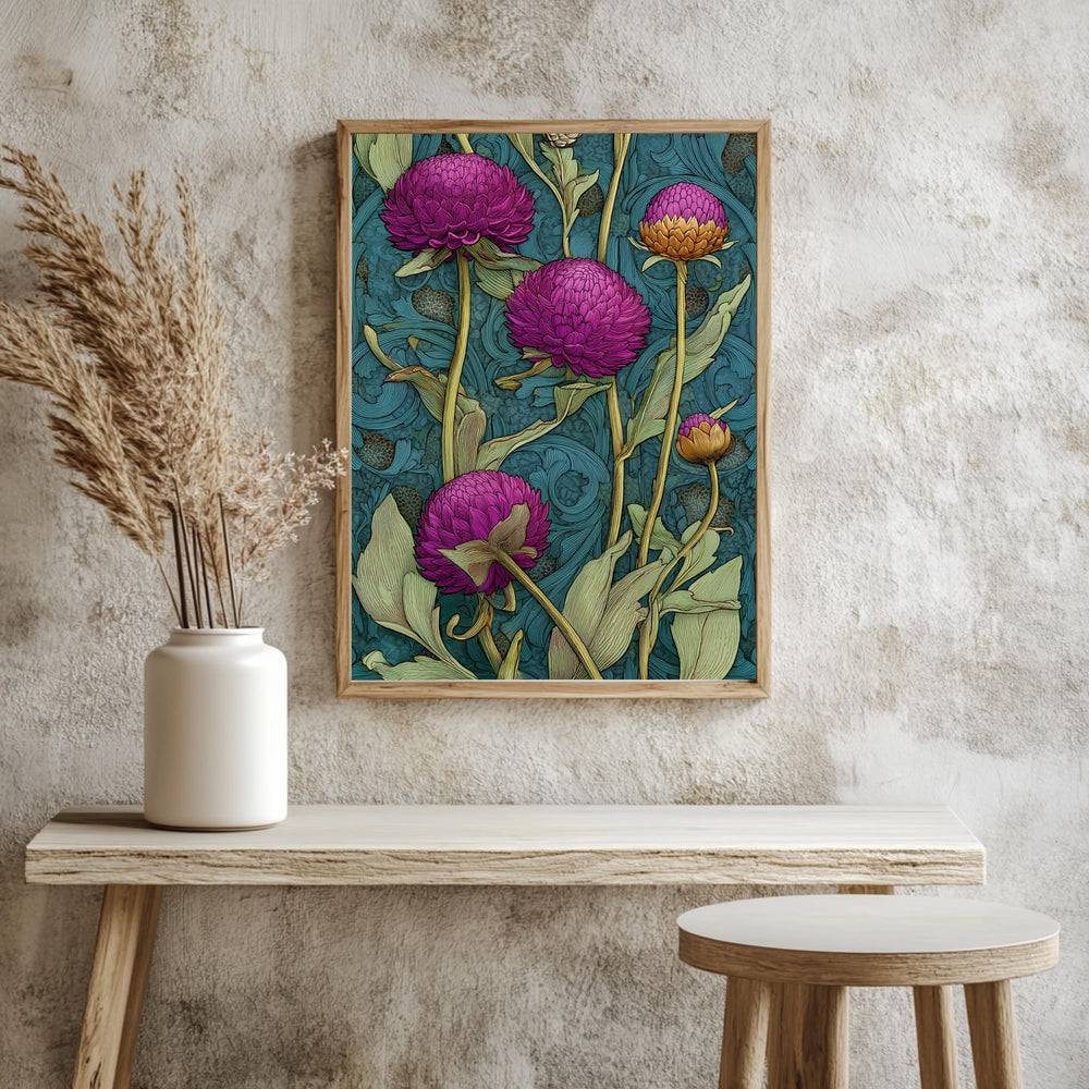 Globe Amaranth Floral Wall Art, William Morris Inspired Botanical Canvas, Vintage Purple and Gold Flower Print, Cottagecore Framed Decor