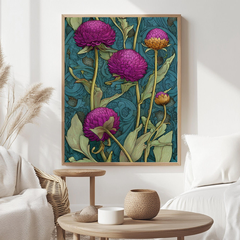 Globe Amaranth Floral Wall Art, William Morris Inspired Botanical Canvas, Vintage Purple and Gold Flower Print, Cottagecore Framed Decor