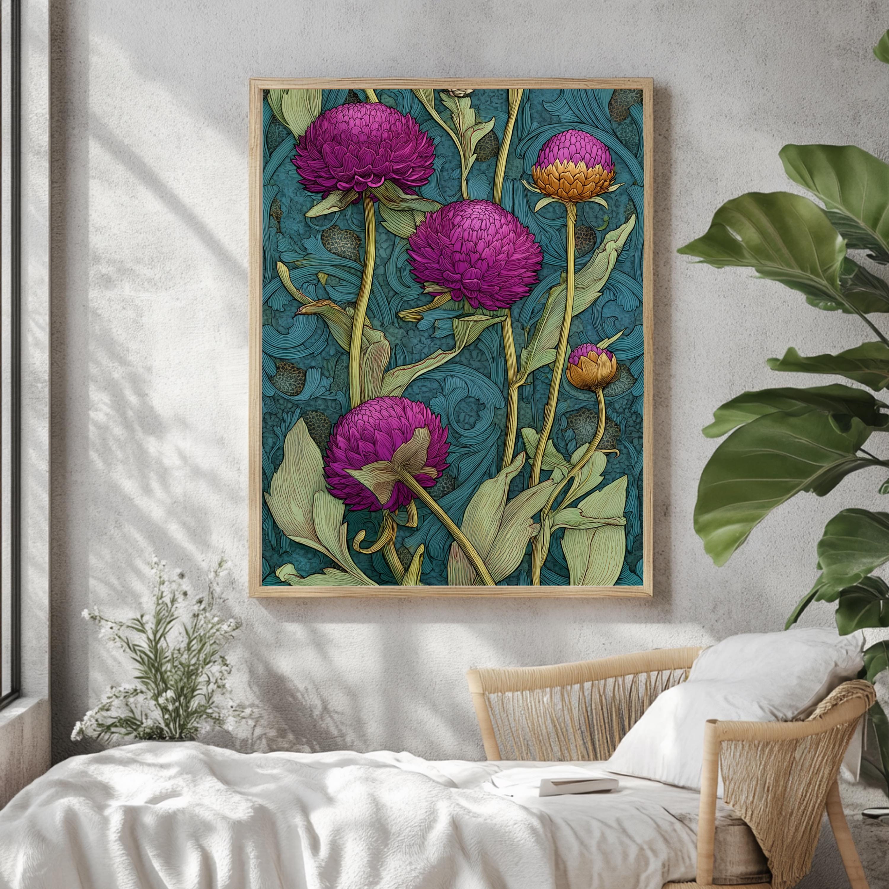 Globe Amaranth Floral Wall Art, William Morris Inspired Botanical Canvas, Vintage Purple and Gold Flower Print, Cottagecore Framed Decor