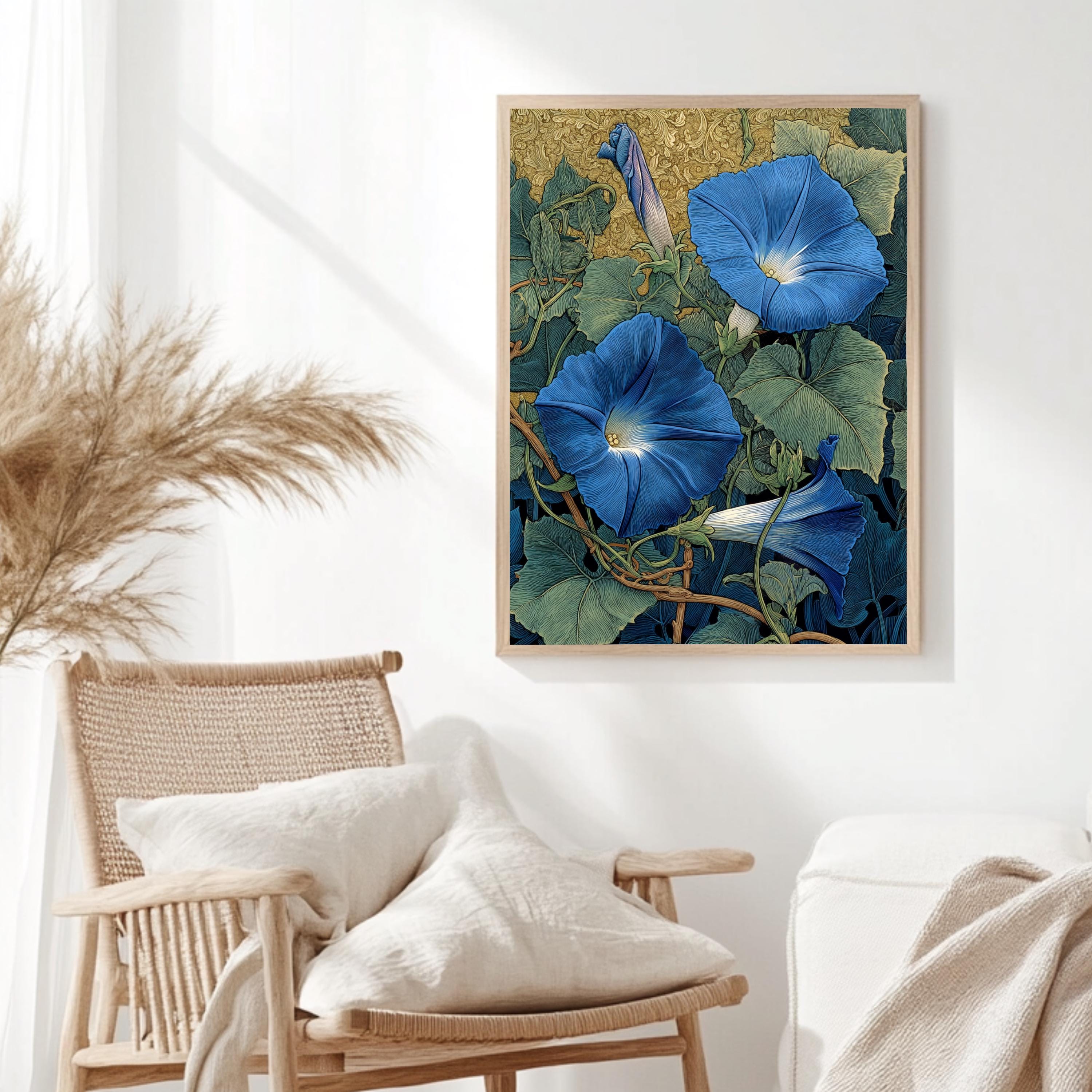 Morning Glory Wall Art, William Morris Inspired Blue Floral Canvas, Vintage Botanical Garden Print, Cottagecore Framed Nature Decor