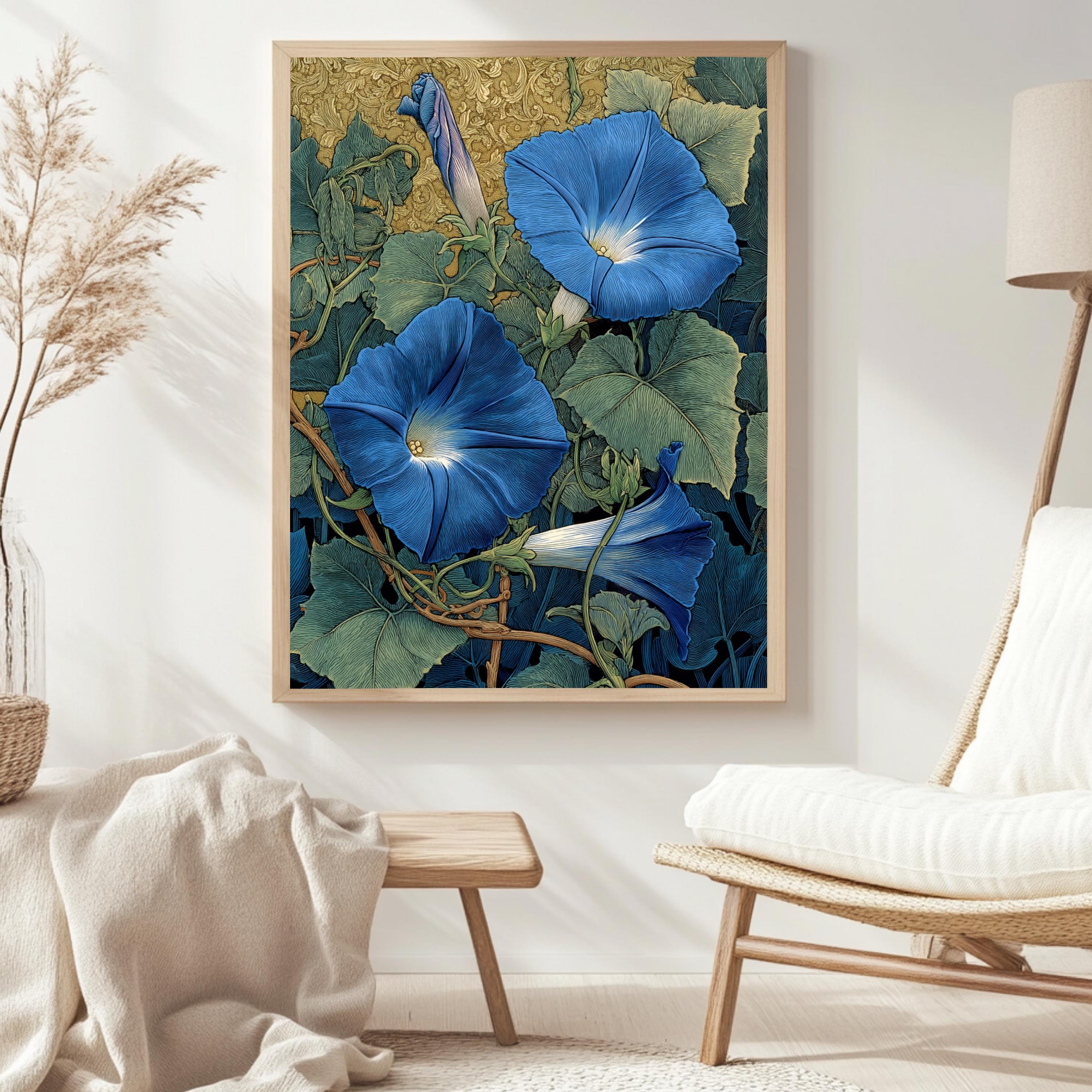 Morning Glory Wall Art, William Morris Inspired Blue Floral Canvas, Vintage Botanical Garden Print, Cottagecore Framed Nature Decor