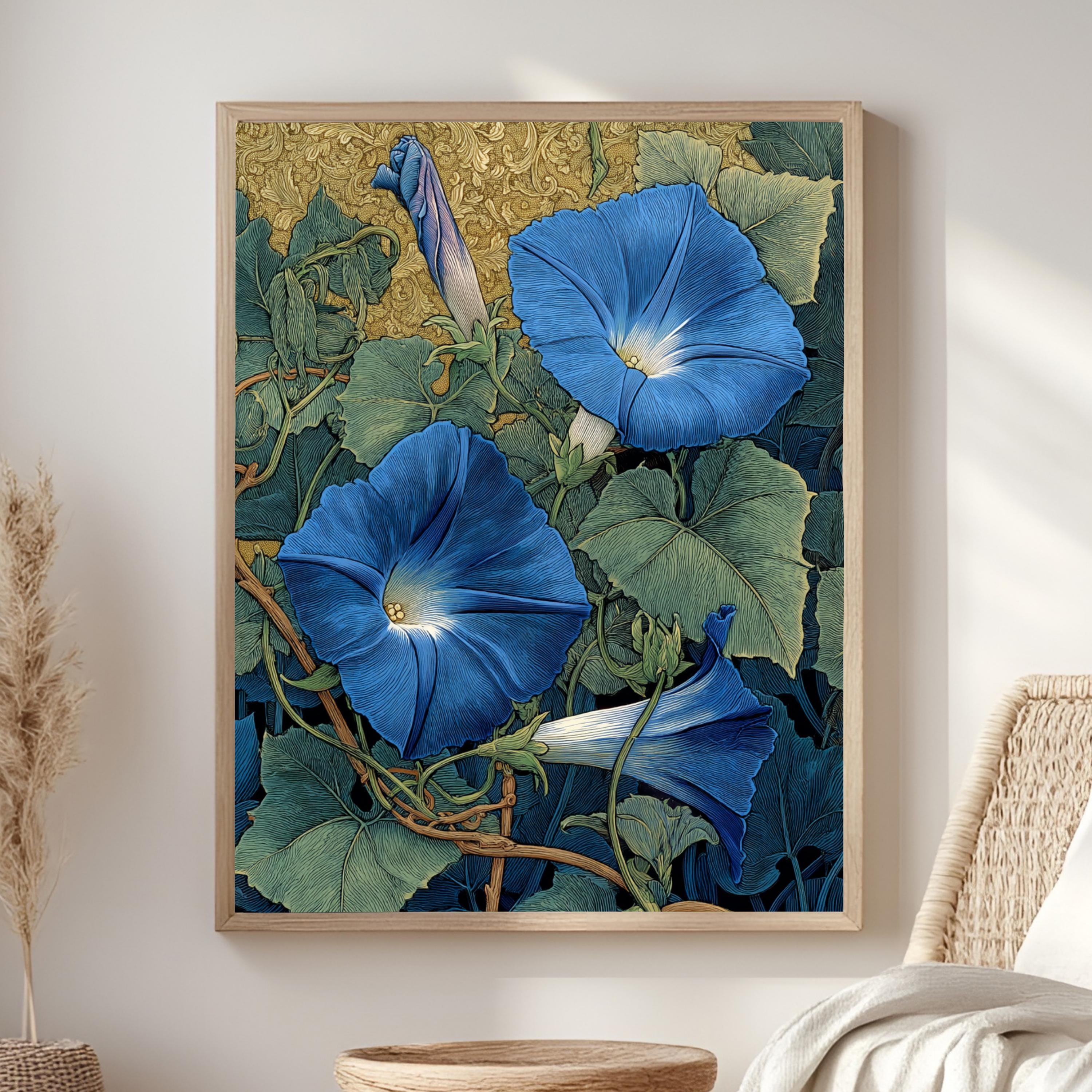 Morning Glory Wall Art, William Morris Inspired Blue Floral Canvas, Vintage Botanical Garden Print, Cottagecore Framed Nature Decor