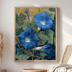 Morning Glory Wall Art, William Morris Inspired Blue Floral Canvas, Vintage Botanical Garden Print, Cottagecore Framed Nature Decor
