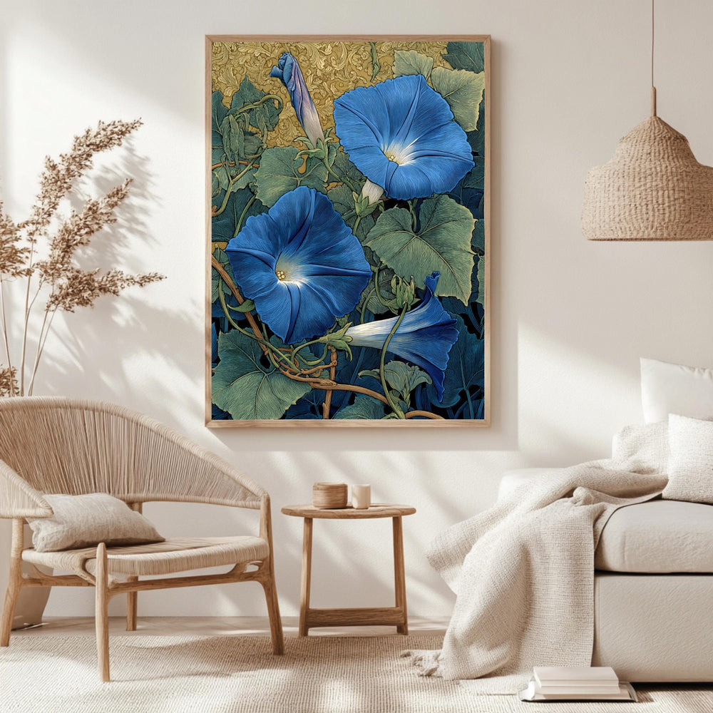 Morning Glory Wall Art, William Morris Inspired Blue Floral Canvas, Vintage Botanical Garden Print, Cottagecore Framed Nature Decor