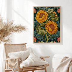 Sunflower Botanical Wall Art, William Morris Inspired Floral Canvas, Vintage Yellow Garden Print, Cottagecore Framed Nature Decor
