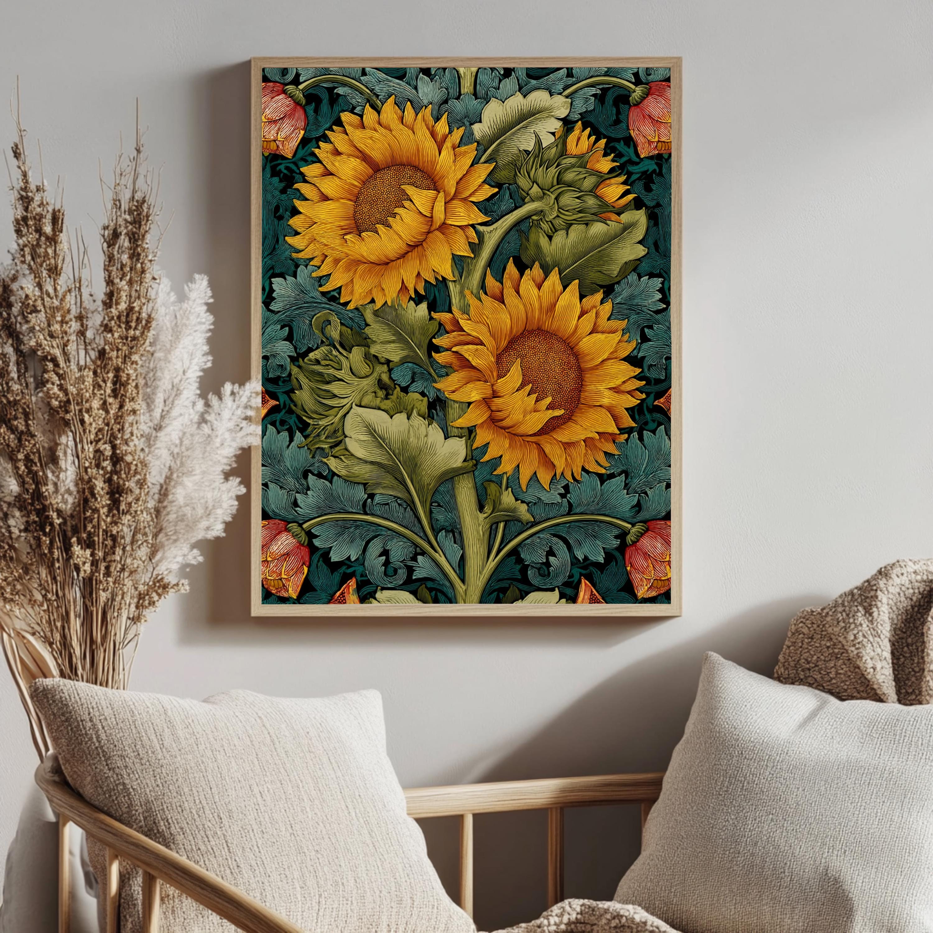 Sunflower Botanical Wall Art, William Morris Inspired Floral Canvas, Vintage Yellow Garden Print, Cottagecore Framed Nature Decor