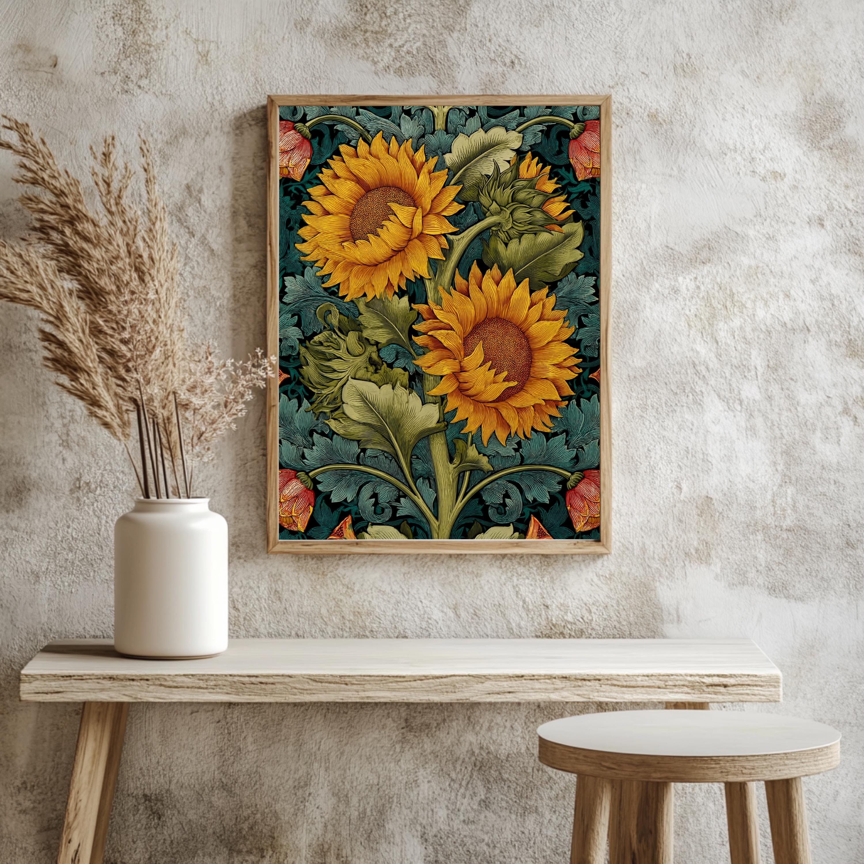 Sunflower Botanical Wall Art, William Morris Inspired Floral Canvas, Vintage Yellow Garden Print, Cottagecore Framed Nature Decor
