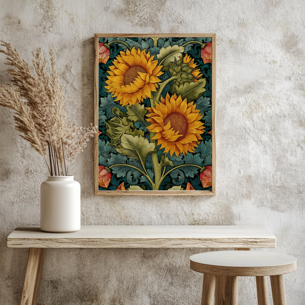 Sunflower Botanical Wall Art, William Morris Inspired Floral Canvas, Vintage Yellow Garden Print, Cottagecore Framed Nature Decor