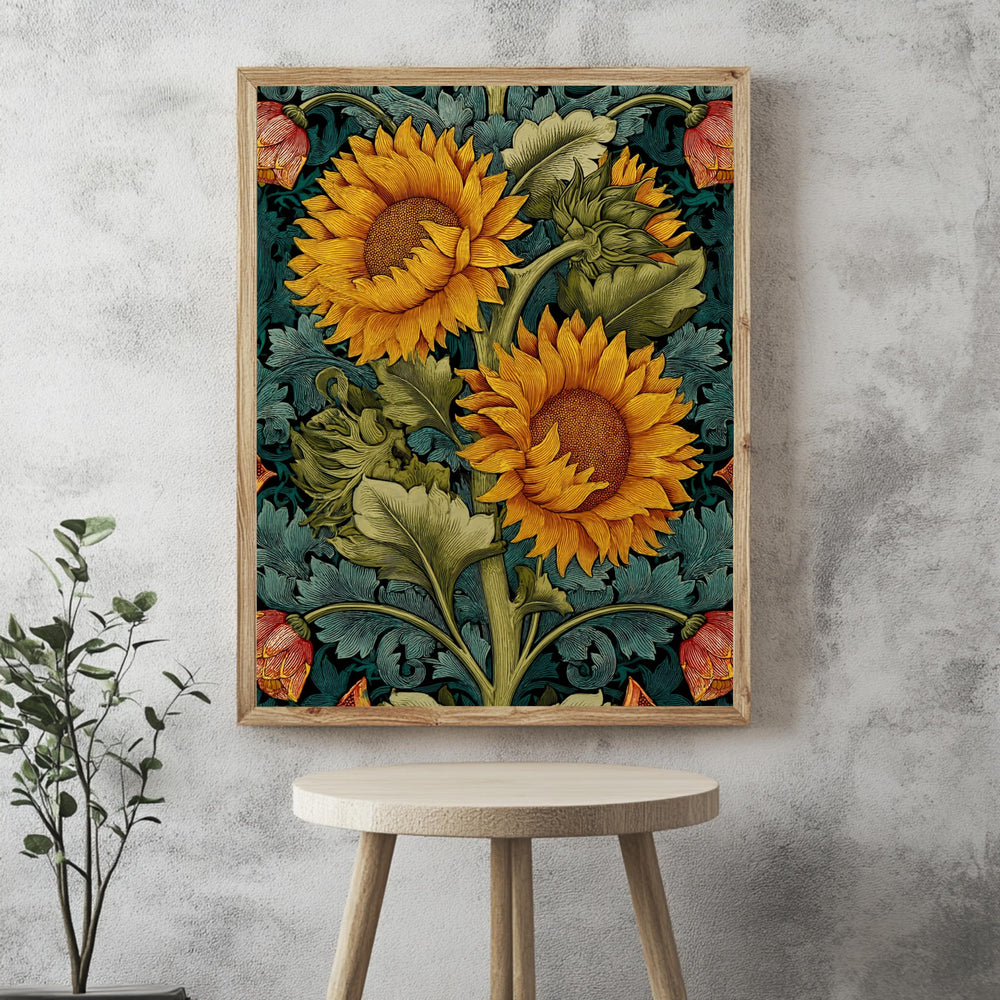 Sunflower Botanical Wall Art, William Morris Inspired Floral Canvas, Vintage Yellow Garden Print, Cottagecore Framed Nature Decor