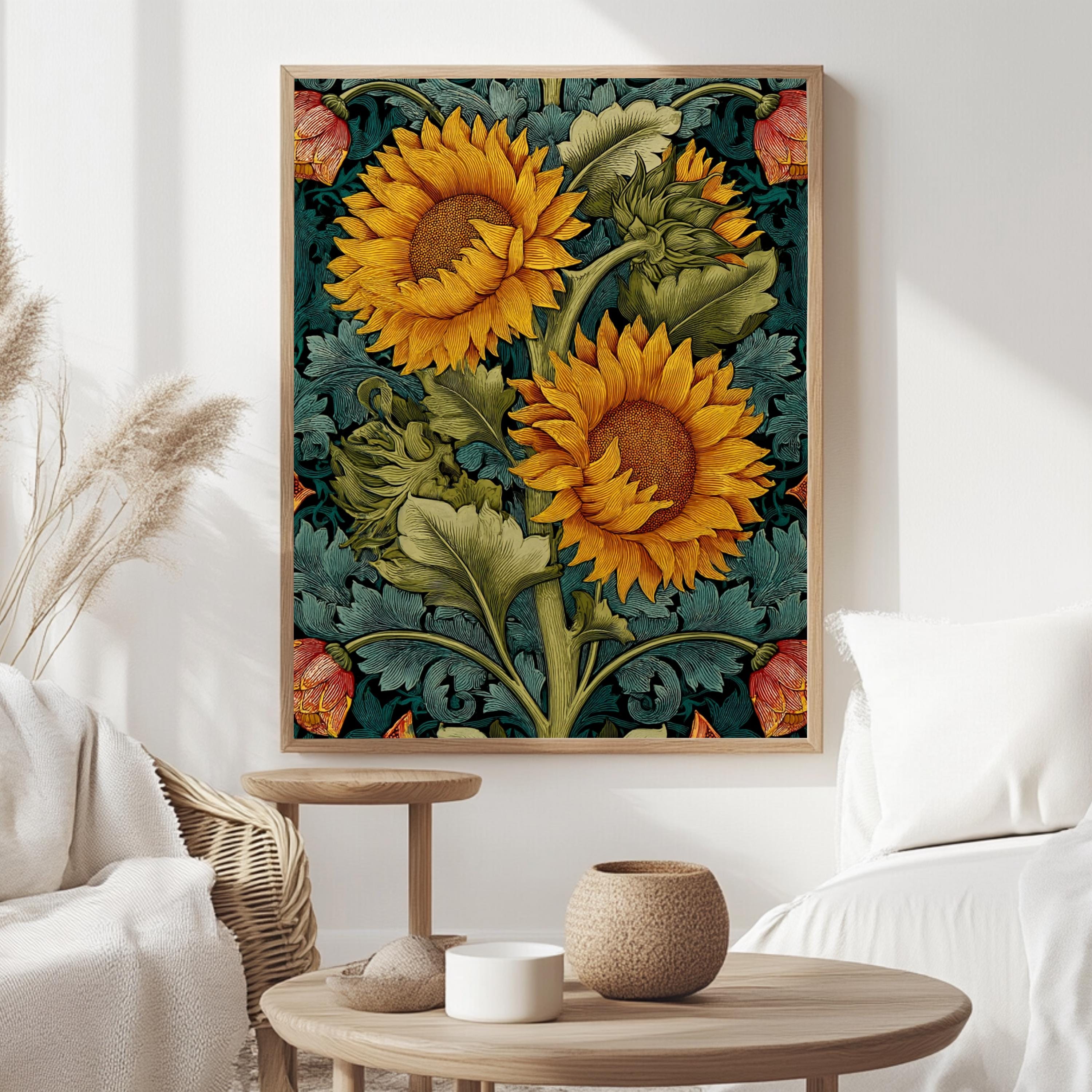 Sunflower Botanical Wall Art, William Morris Inspired Floral Canvas, Vintage Yellow Garden Print, Cottagecore Framed Nature Decor