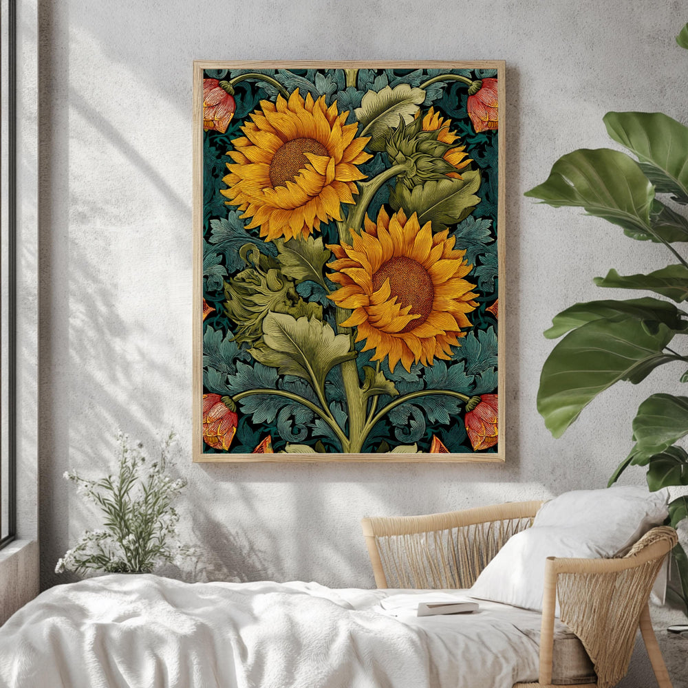 Sunflower Botanical Wall Art, William Morris Inspired Floral Canvas, Vintage Yellow Garden Print, Cottagecore Framed Nature Decor