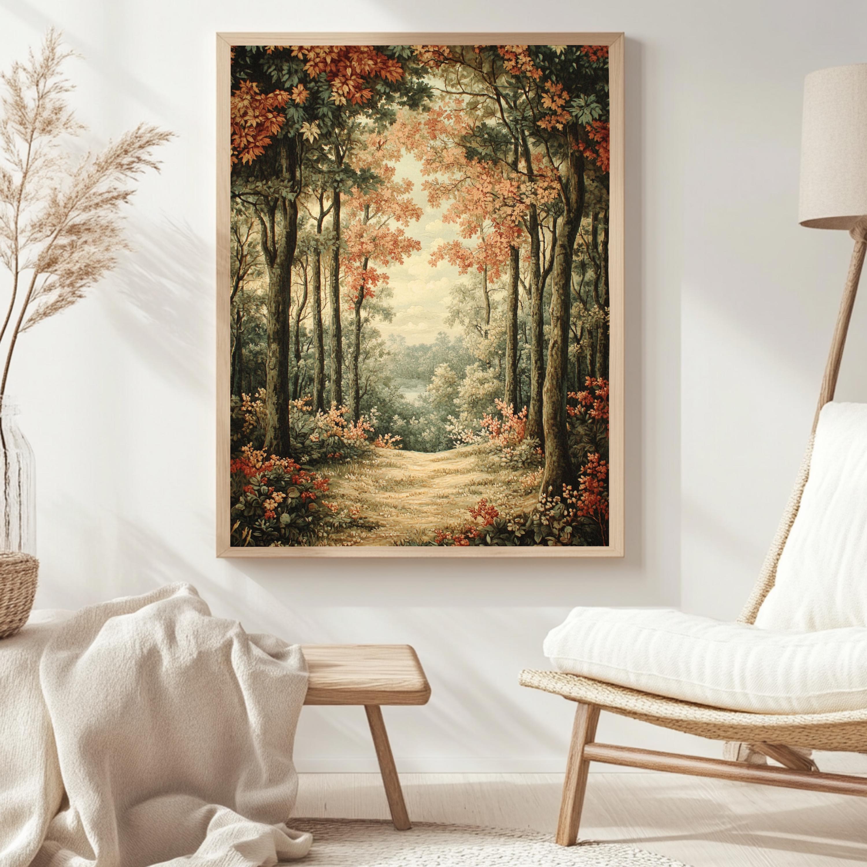 Golden Forest Path Framed Canvas, Tranquil Woodland Wall Art, Soft Autumn Landscape Print, Cozy Nature Trail Home Decor