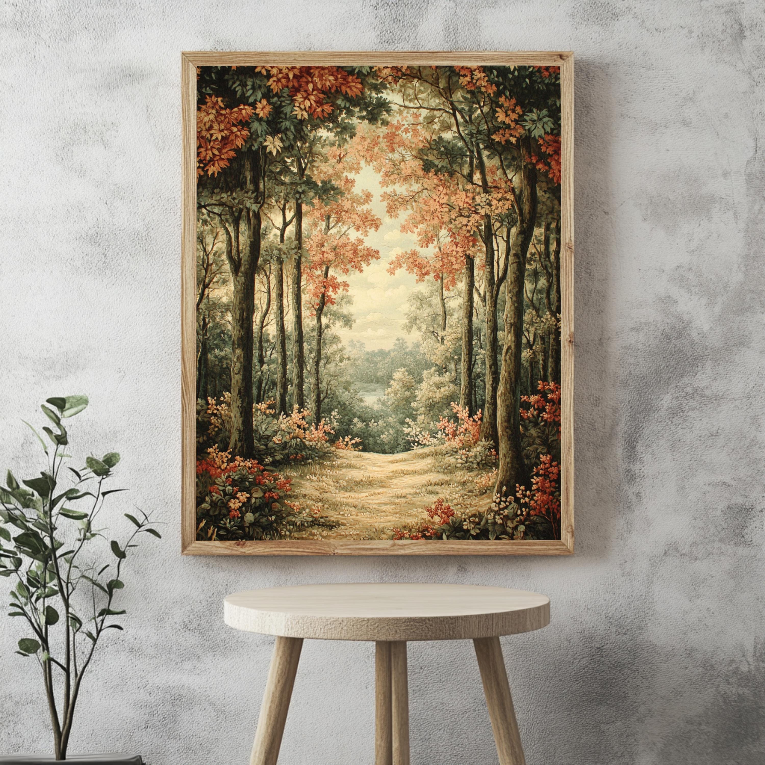 Golden Forest Path Framed Canvas, Tranquil Woodland Wall Art, Soft Autumn Landscape Print, Cozy Nature Trail Home Decor
