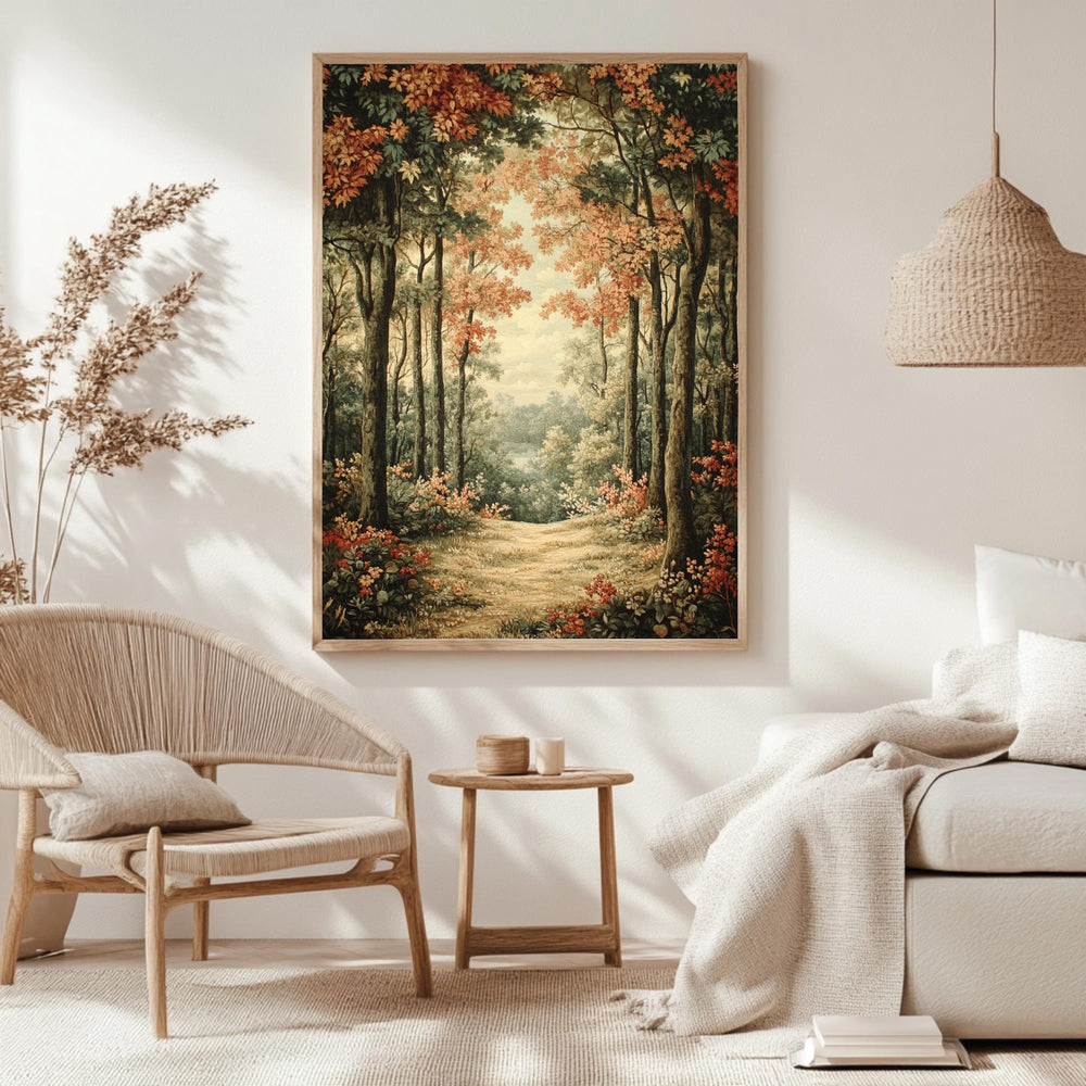 Golden Forest Path Framed Canvas, Tranquil Woodland Wall Art, Soft Autumn Landscape Print, Cozy Nature Trail Home Decor
