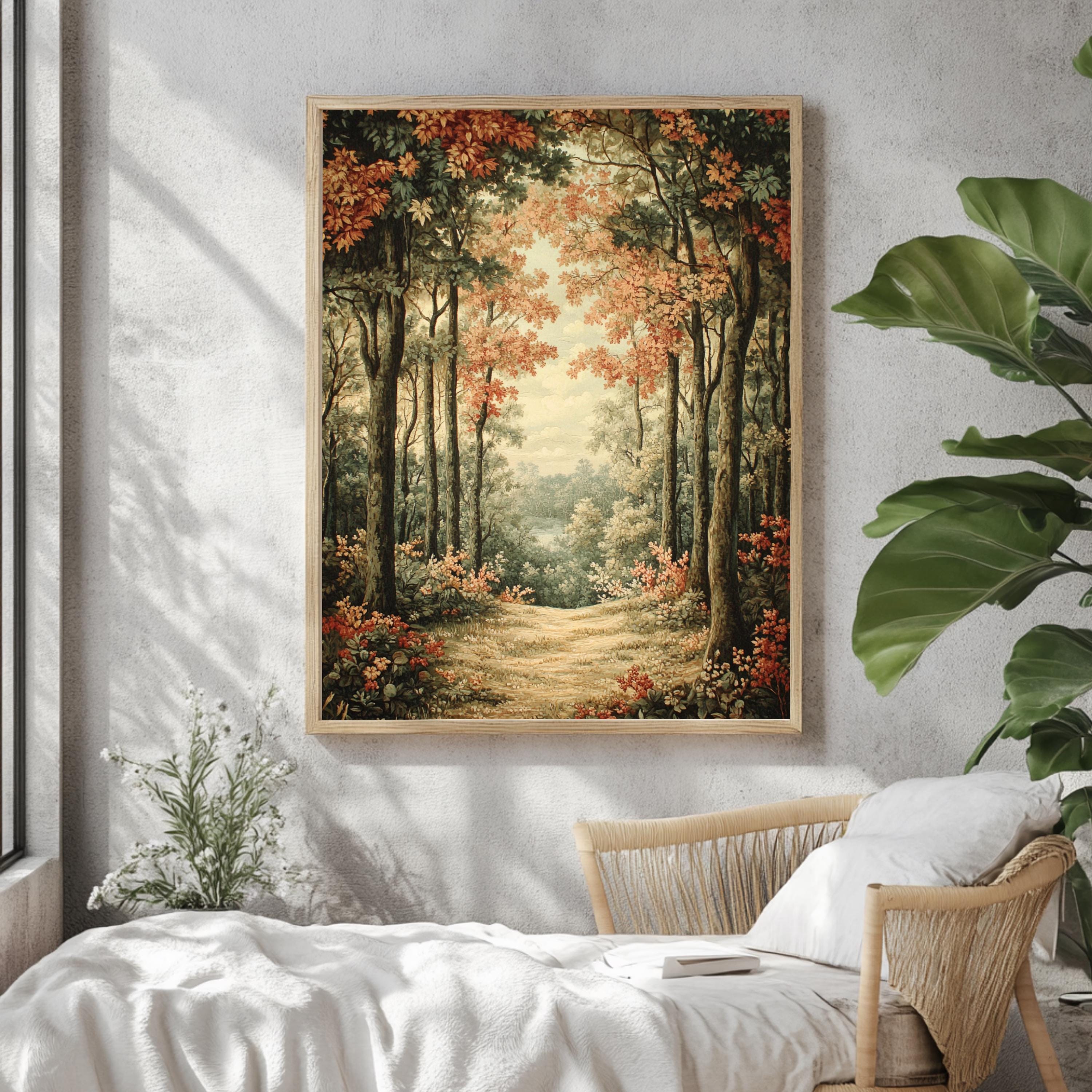 Golden Forest Path Framed Canvas, Tranquil Woodland Wall Art, Soft Autumn Landscape Print, Cozy Nature Trail Home Decor