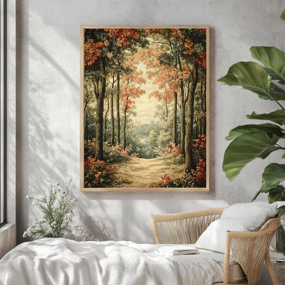 Golden Forest Path Framed Canvas, Tranquil Woodland Wall Art, Soft Autumn Landscape Print, Cozy Nature Trail Home Decor