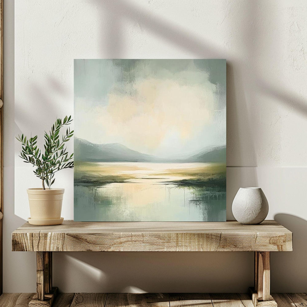 Misty Coast Abstract Canvas Art, Soft Moody Pale Green Coastal Painting, Framed Ocean Wall Art, Minimalist Seascape