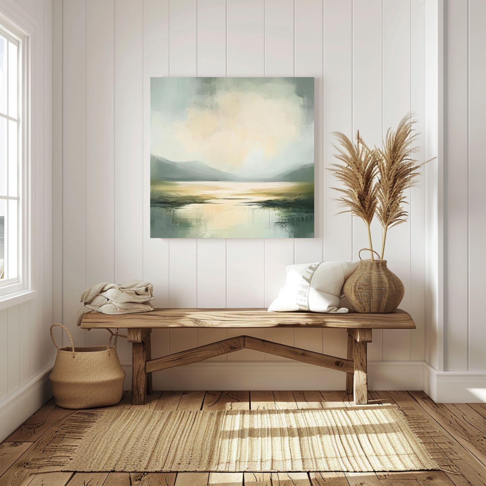 Misty Coast Abstract Canvas Art, Soft Moody Pale Green Coastal Painting, Framed Ocean Wall Art, Minimalist Seascape