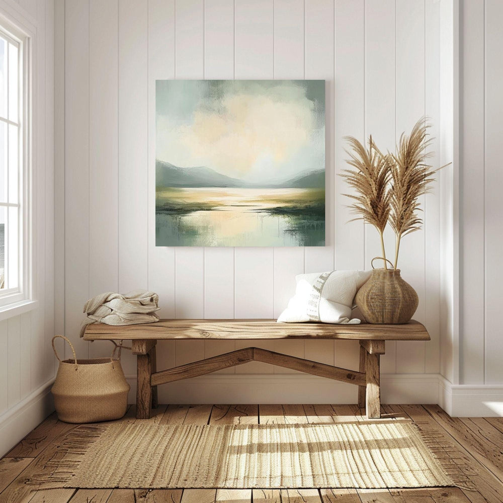 Misty Coast Abstract Canvas Art, Soft Moody Pale Green Coastal Painting, Framed Ocean Wall Art, Minimalist Seascape