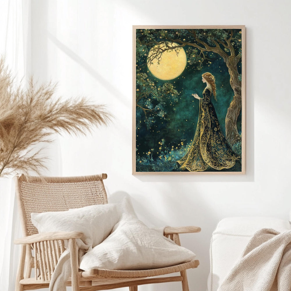 Moonlight Forest Maiden Canvas, Enchanted Night Sky Wall Art, Whimsical Fairy Woman Print, Mystical Boho Nature Decor, Celestial Home Accent