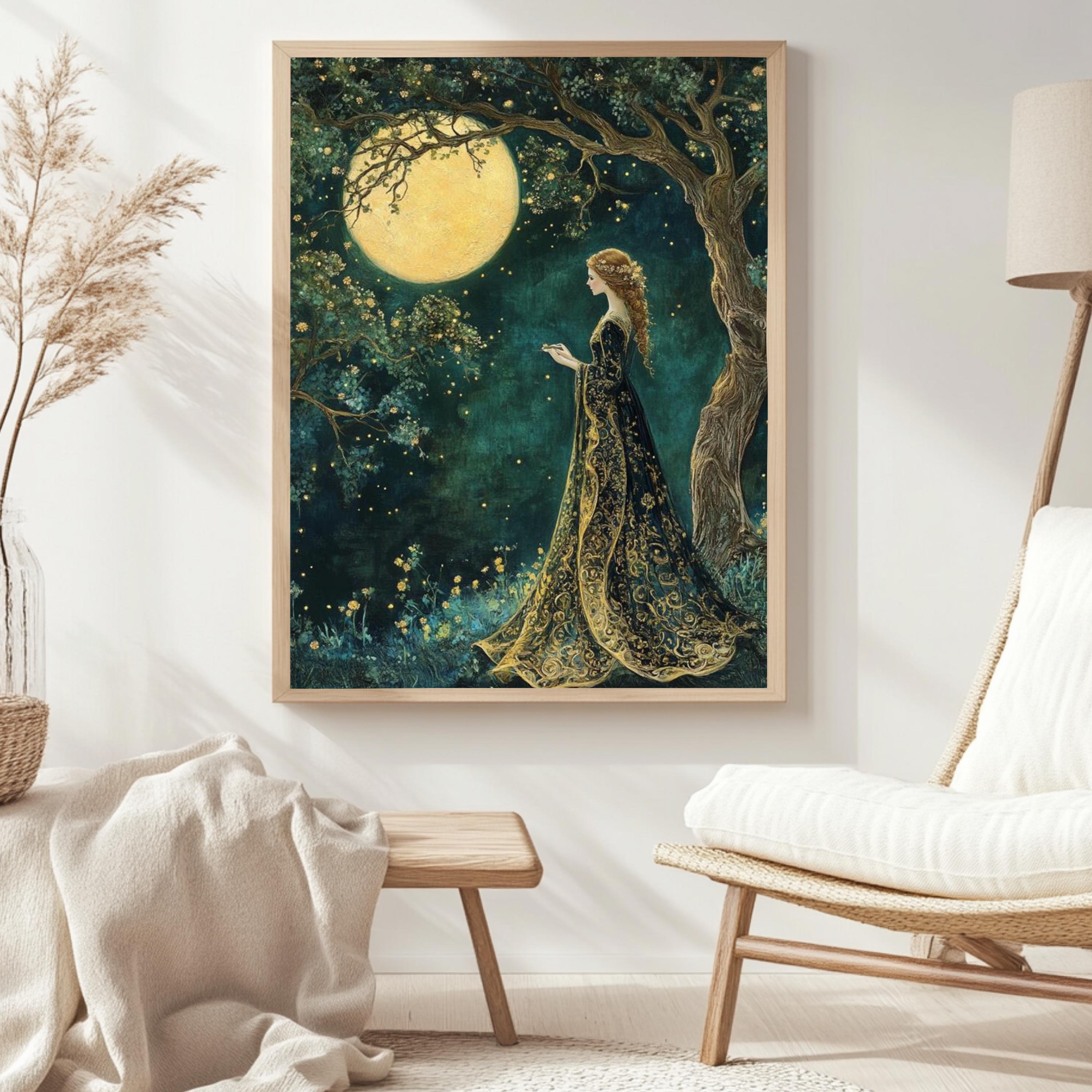 Moonlight Forest Maiden Canvas, Enchanted Night Sky Wall Art, Whimsical Fairy Woman Print, Mystical Boho Nature Decor, Celestial Home Accent