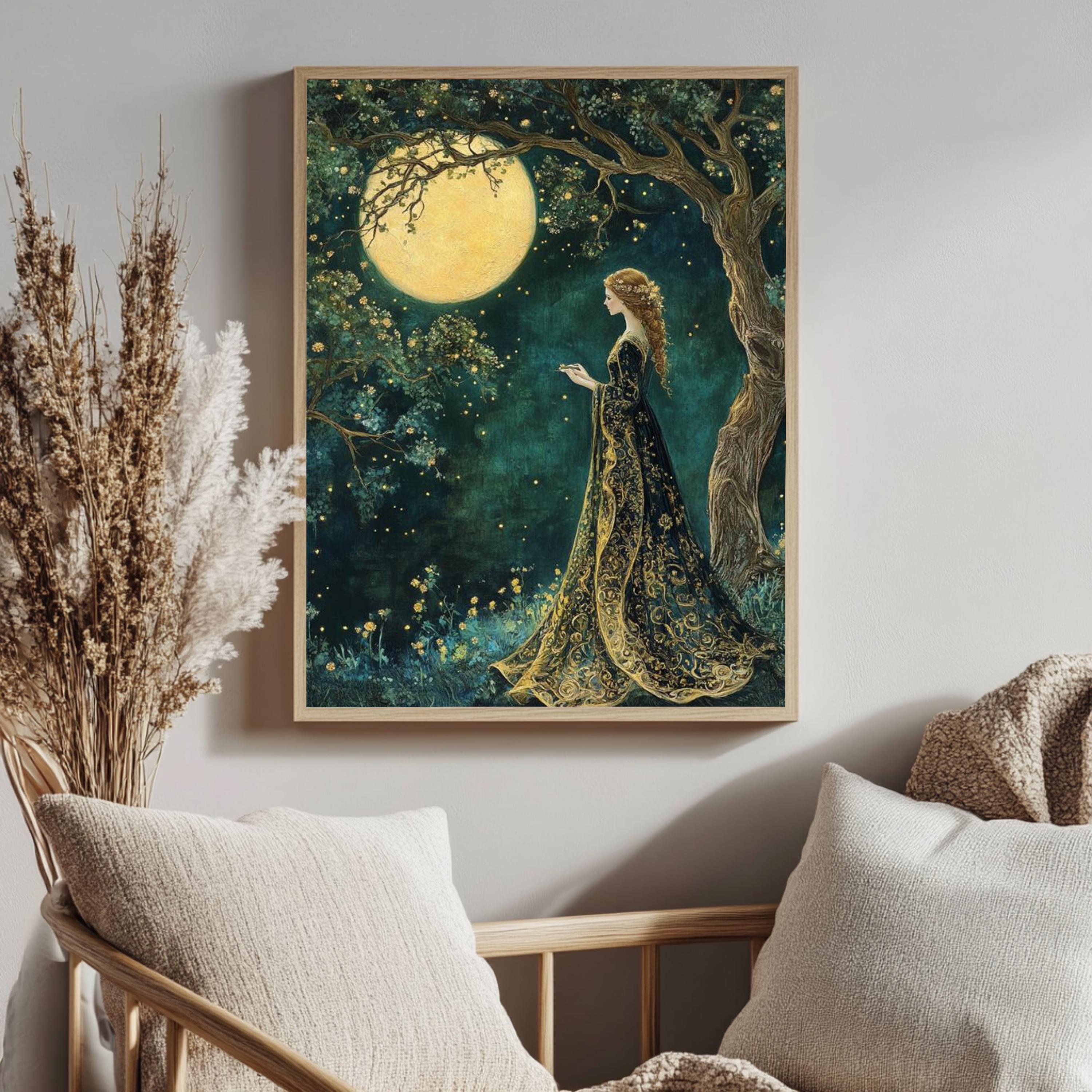 Moonlight Forest Maiden Canvas, Enchanted Night Sky Wall Art, Whimsical Fairy Woman Print, Mystical Boho Nature Decor, Celestial Home Accent