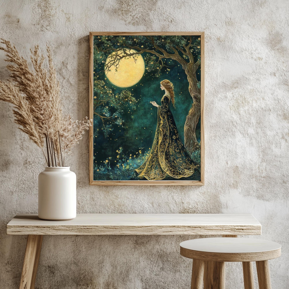 Moonlight Forest Maiden Canvas, Enchanted Night Sky Wall Art, Whimsical Fairy Woman Print, Mystical Boho Nature Decor, Celestial Home Accent