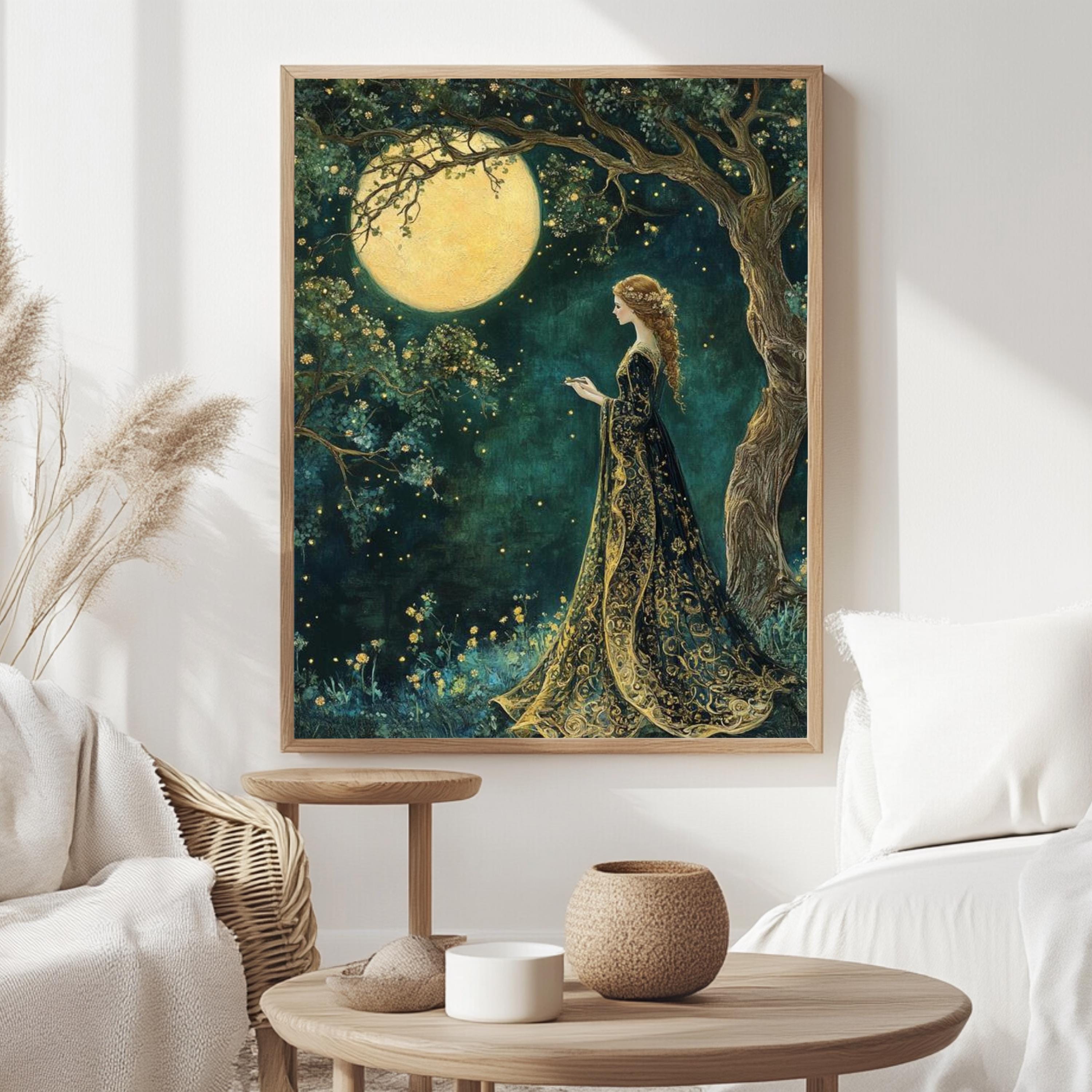 Moonlight Forest Maiden Canvas, Enchanted Night Sky Wall Art, Whimsical Fairy Woman Print, Mystical Boho Nature Decor, Celestial Home Accent