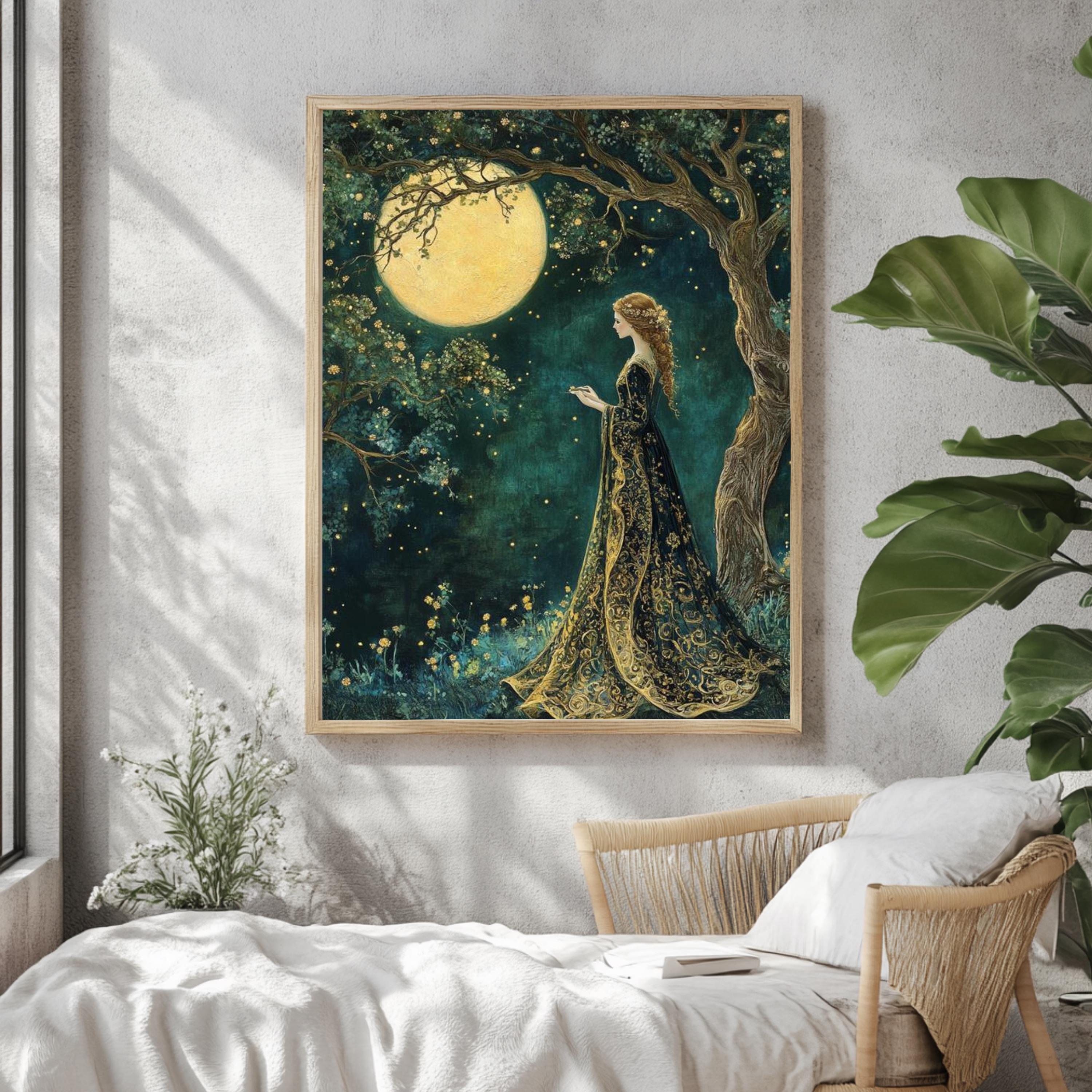 Moonlight Forest Maiden Canvas, Enchanted Night Sky Wall Art, Whimsical Fairy Woman Print, Mystical Boho Nature Decor, Celestial Home Accent