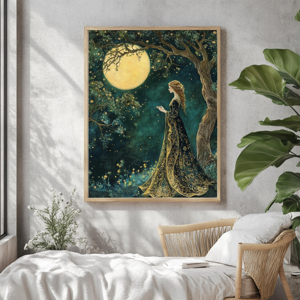 Moonlight Forest Maiden Canvas, Enchanted Night Sky Wall Art, Whimsical Fairy Woman Print, Mystical Boho Nature Decor, Celestial Home Accent