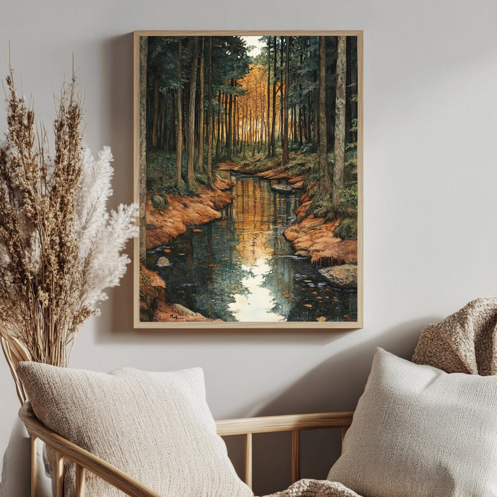 Golden Forest Creek Framed Canvas, Tranquil Nature Stream Wall Art, Moody Woodland Landscape Print, Rustic Autumn Home Decor