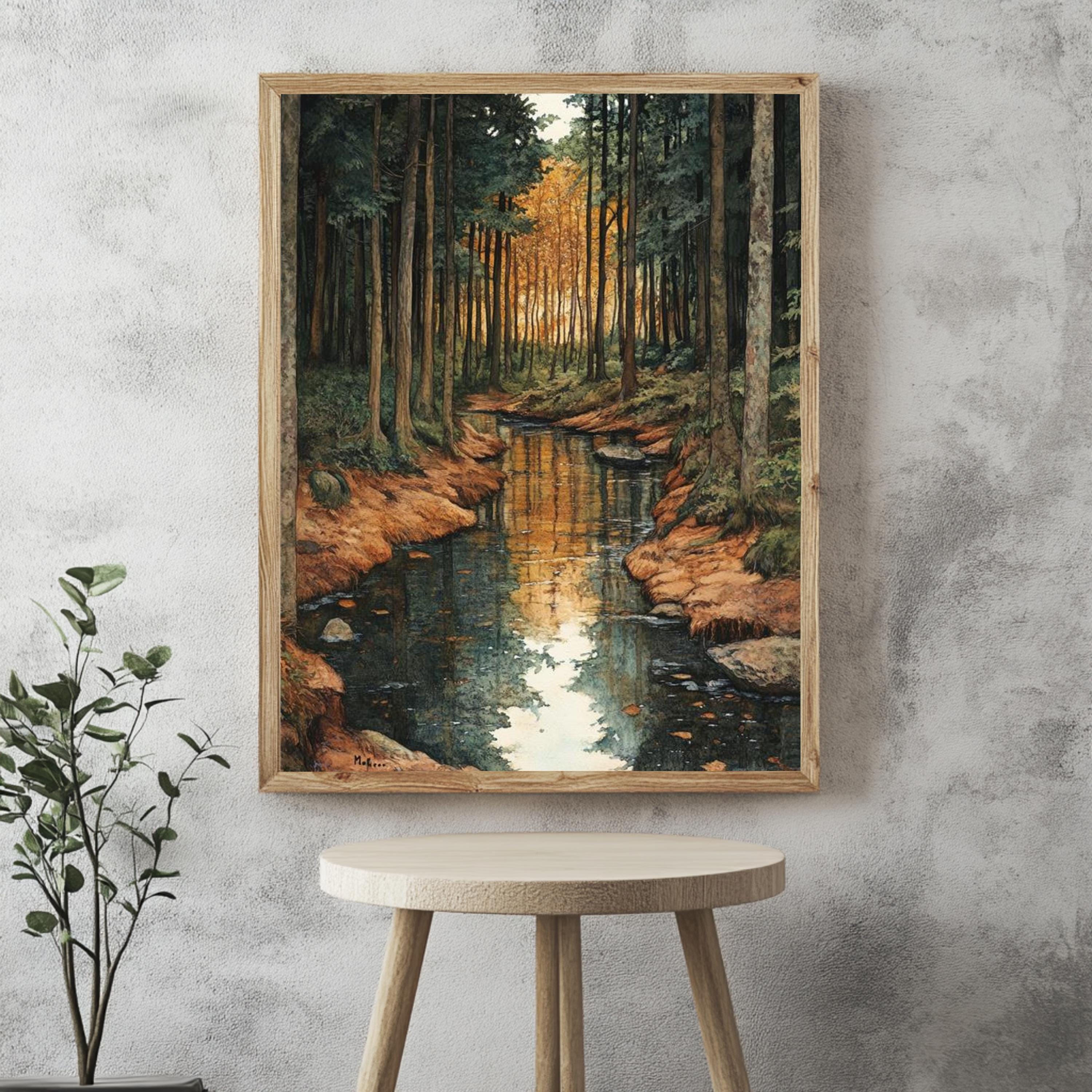 Golden Forest Creek Framed Canvas, Tranquil Nature Stream Wall Art, Moody Woodland Landscape Print, Rustic Autumn Home Decor