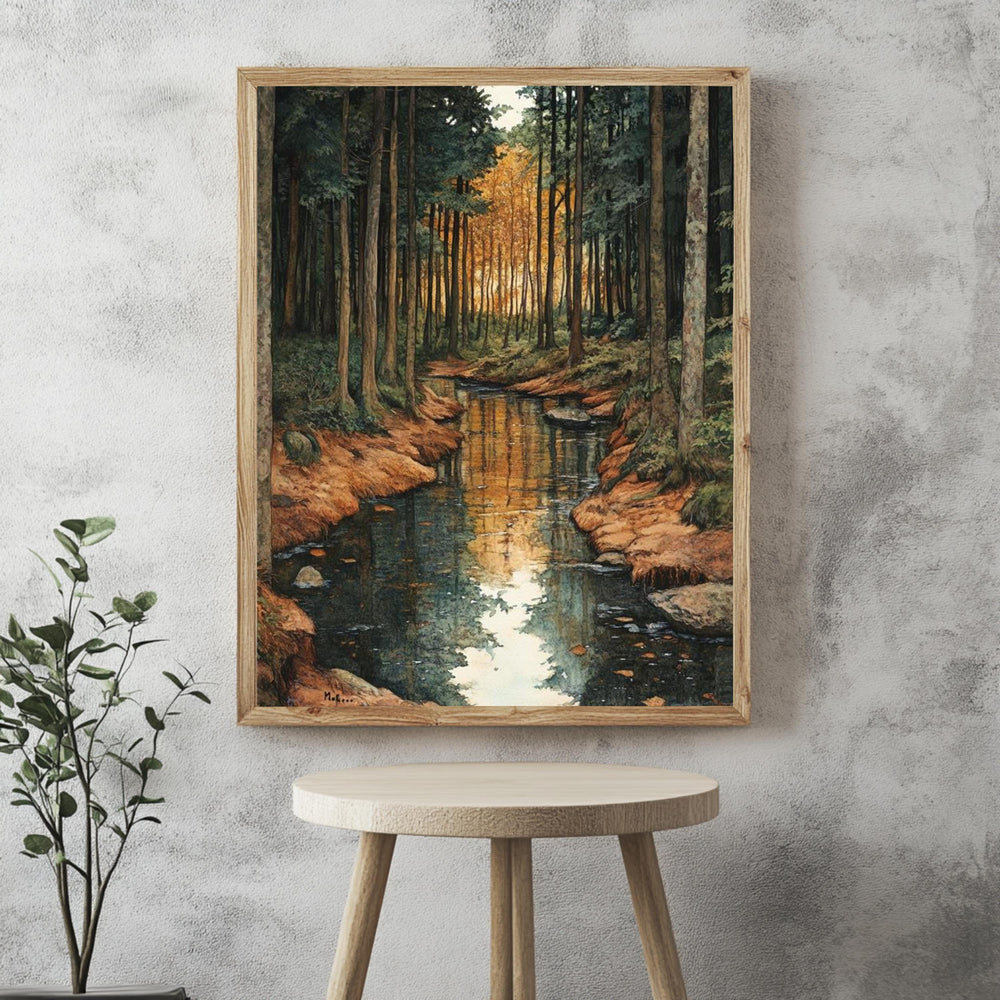 Golden Forest Creek Framed Canvas, Tranquil Nature Stream Wall Art, Moody Woodland Landscape Print, Rustic Autumn Home Decor
