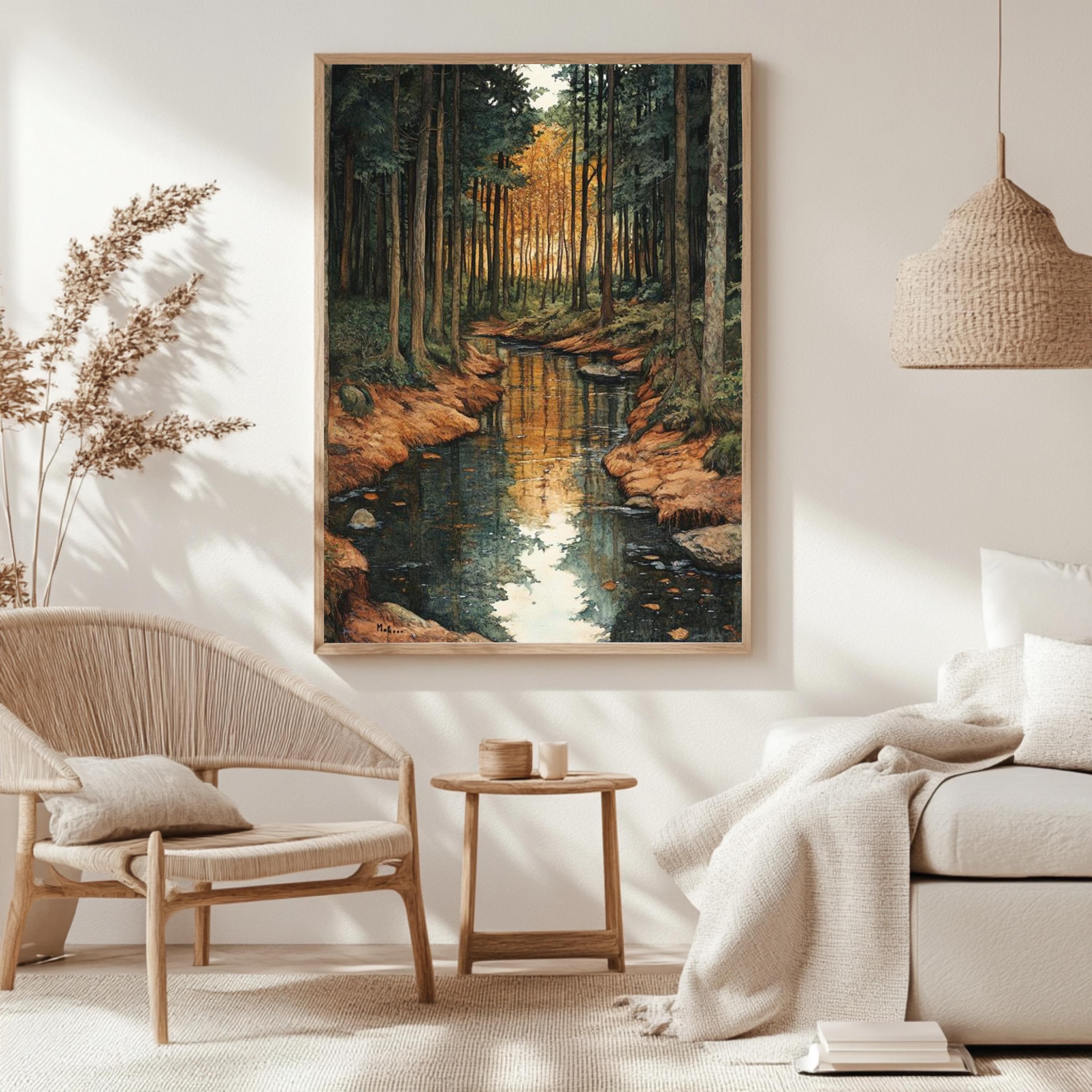 Golden Forest Creek Framed Canvas, Tranquil Nature Stream Wall Art, Moody Woodland Landscape Print, Rustic Autumn Home Decor
