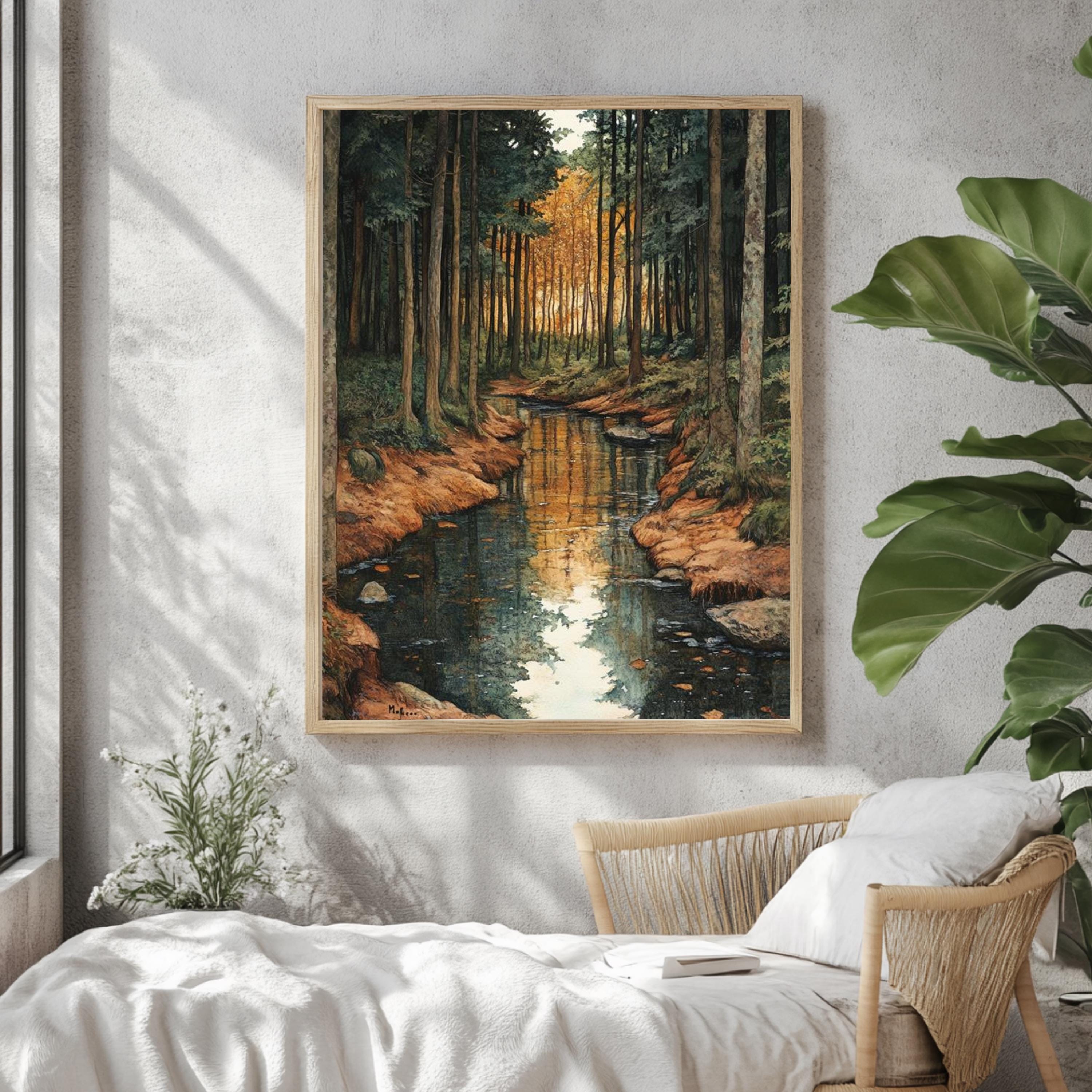Golden Forest Creek Framed Canvas, Tranquil Nature Stream Wall Art, Moody Woodland Landscape Print, Rustic Autumn Home Decor