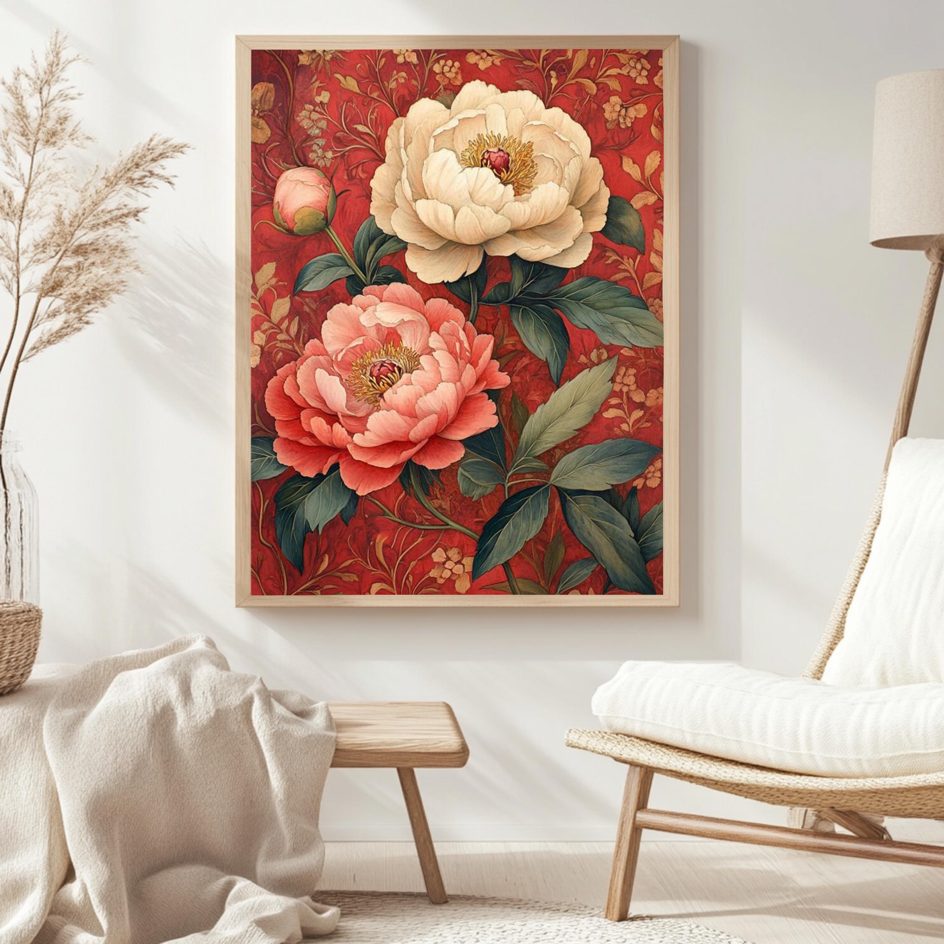 Vintage Peony Framed Canvas, Red Botanical Flower Wall Art, Romantic Garden Floral Print, Classic Cottagecore Home Decor