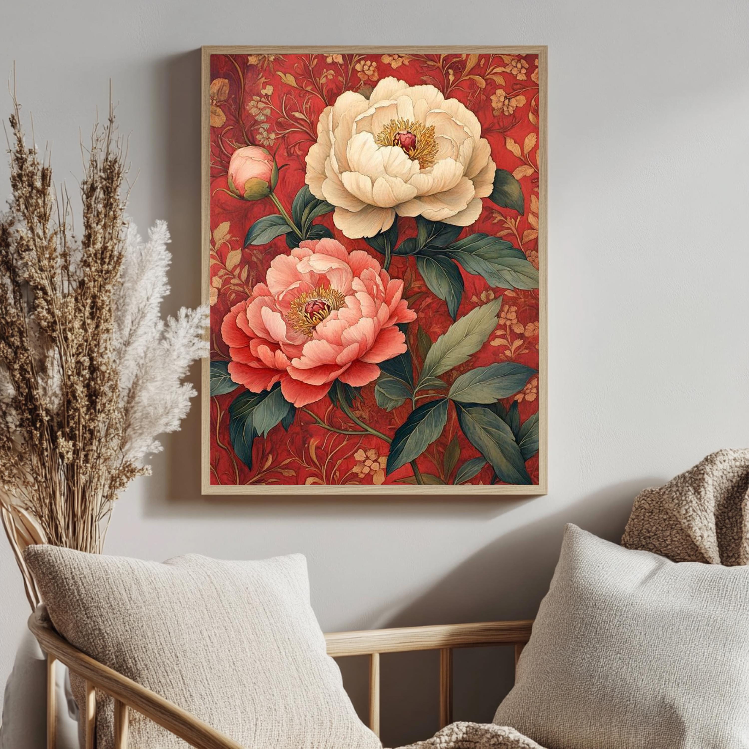 Vintage Peony Framed Canvas, Red Botanical Flower Wall Art, Romantic Garden Floral Print, Classic Cottagecore Home Decor