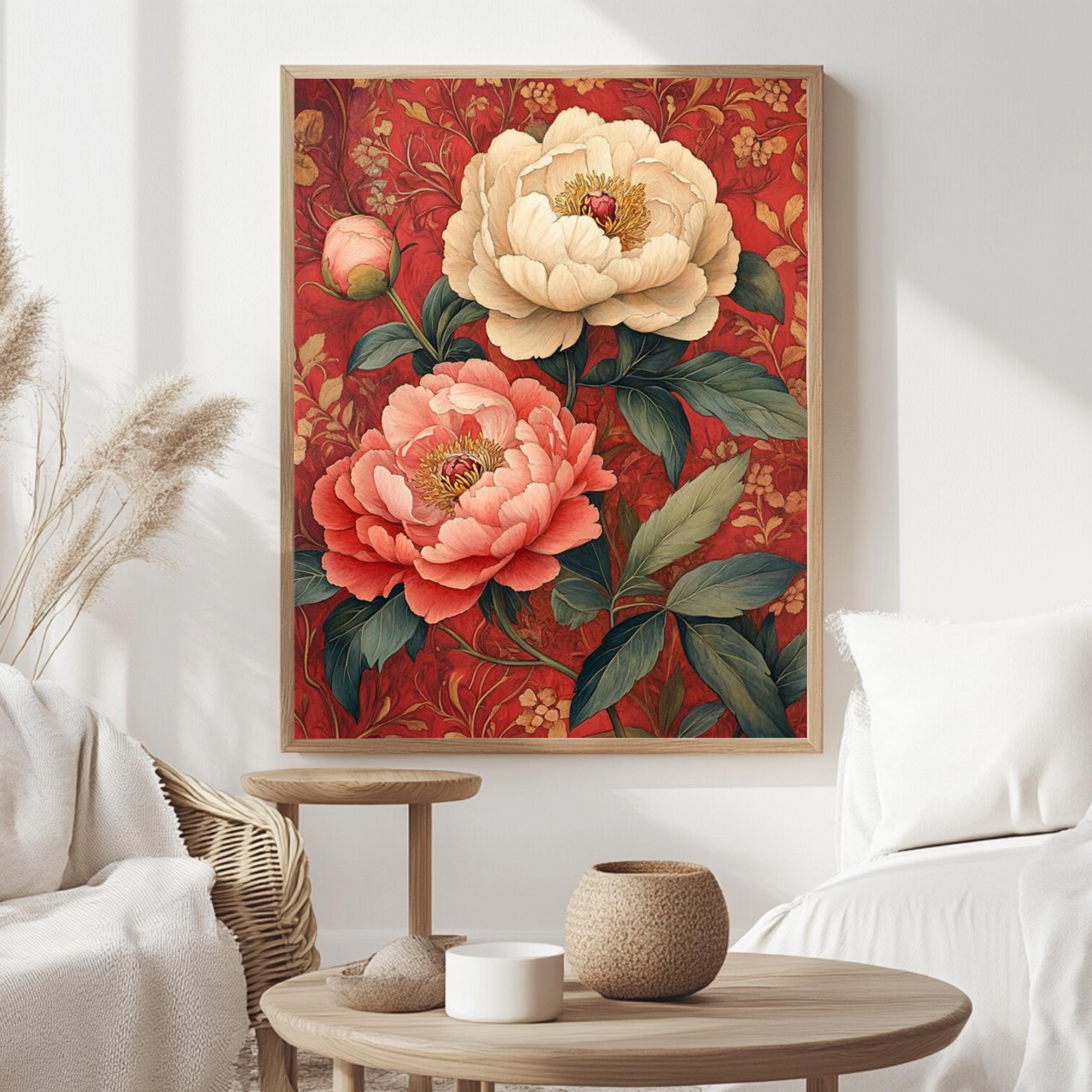 Vintage Peony Framed Canvas, Red Botanical Flower Wall Art, Romantic Garden Floral Print, Classic Cottagecore Home Decor