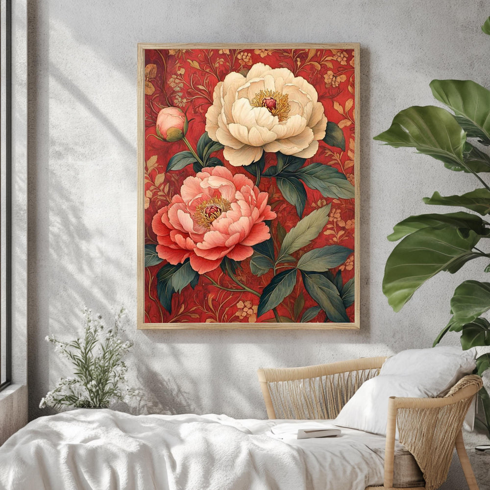 Vintage Peony Framed Canvas, Red Botanical Flower Wall Art, Romantic Garden Floral Print, Classic Cottagecore Home Decor