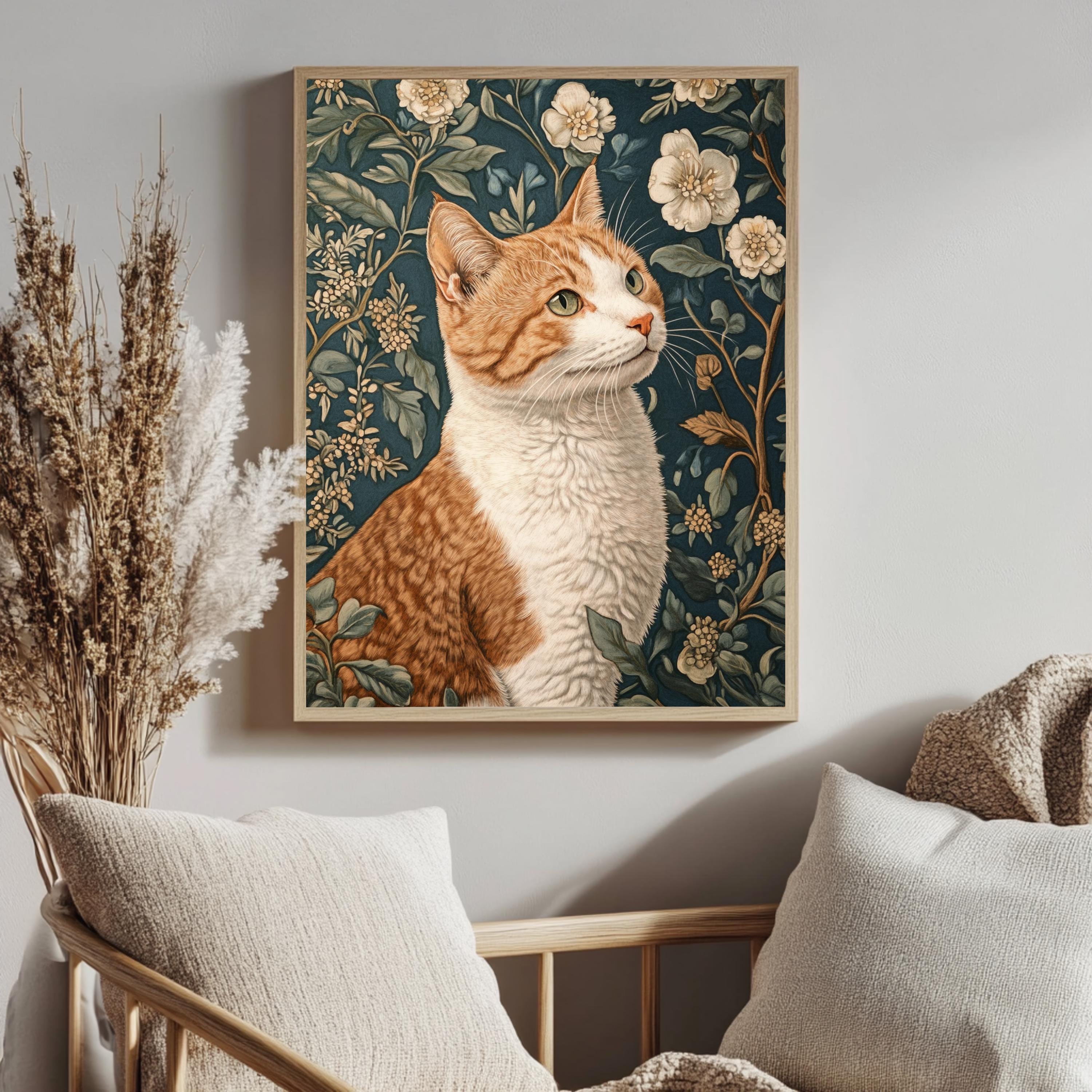 William Morris Cat Wall Art, Floral Vintage Cat Canvas, Orange Tabby Cat Art Print, Cottagecore Framed Decor, Botanical Cat Lover Gift