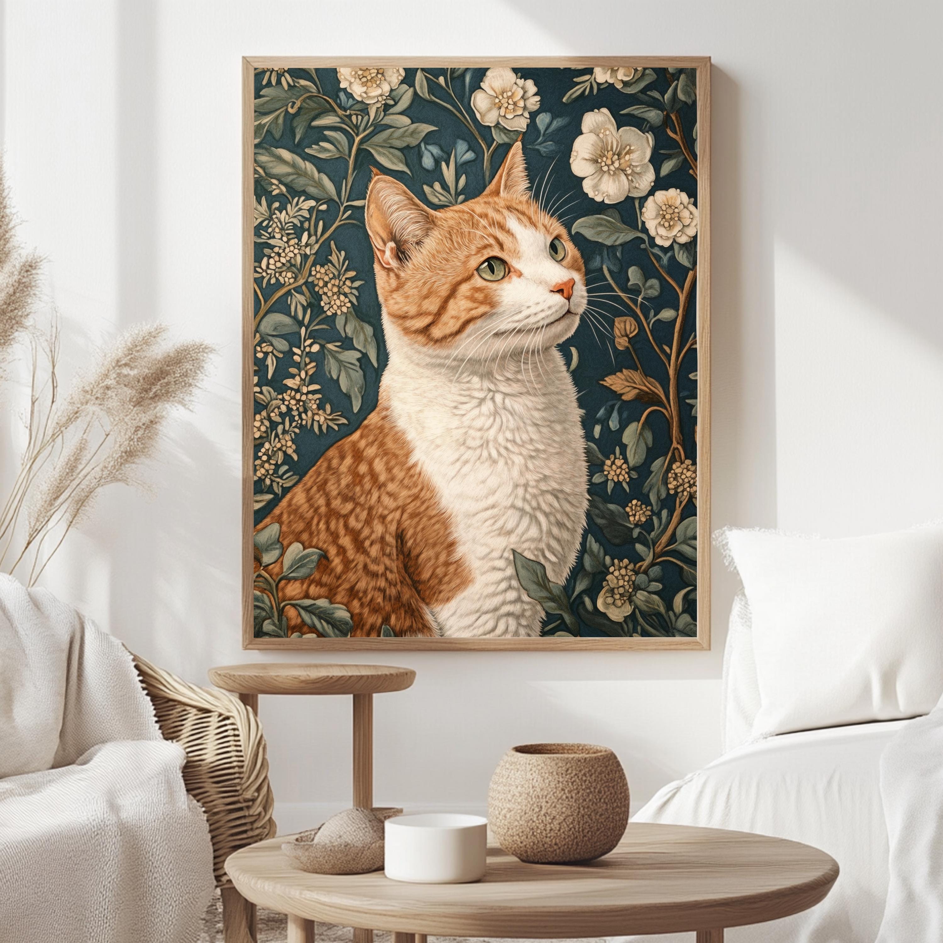 William Morris Cat Wall Art, Floral Vintage Cat Canvas, Orange Tabby Cat Art Print, Cottagecore Framed Decor, Botanical Cat Lover Gift