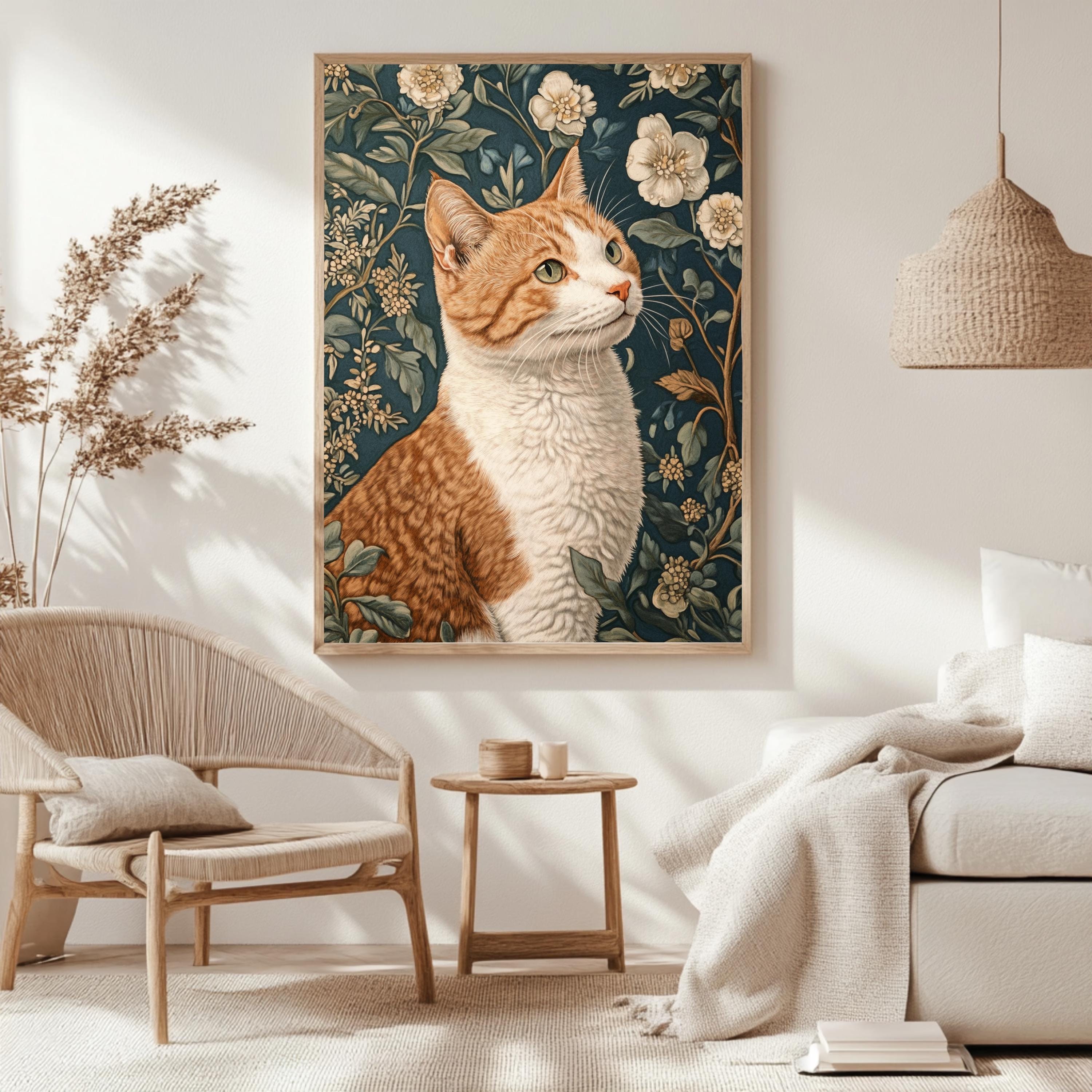 William Morris Cat Wall Art, Floral Vintage Cat Canvas, Orange Tabby Cat Art Print, Cottagecore Framed Decor, Botanical Cat Lover Gift