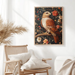 Floral Hawk Wall Art, William Morris Inspired Bird Canvas, Botanical Falcon Print, Natural Wood Framed Decor, Vintage Cottagecore Style