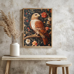 Floral Hawk Wall Art, William Morris Inspired Bird Canvas, Botanical Falcon Print, Natural Wood Framed Decor, Vintage Cottagecore Style