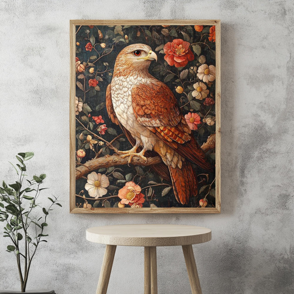 Floral Hawk Wall Art, William Morris Inspired Bird Canvas, Botanical Falcon Print, Natural Wood Framed Decor, Vintage Cottagecore Style
