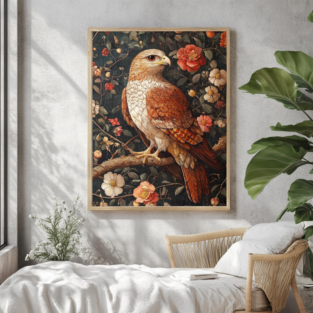 Floral Hawk Wall Art, William Morris Inspired Bird Canvas, Botanical Falcon Print, Natural Wood Framed Decor, Vintage Cottagecore Style