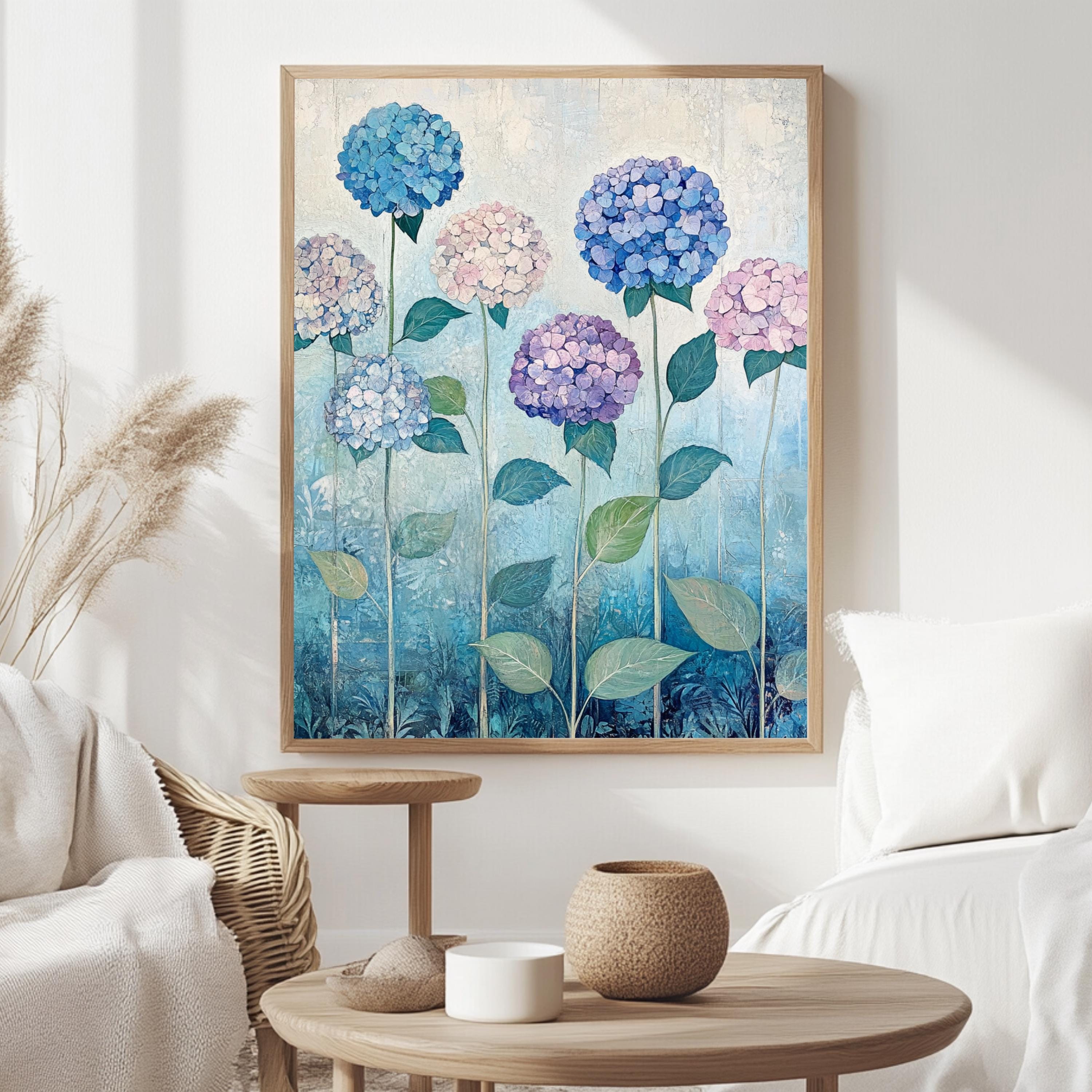 Hydrangea Field Wall Art, William Morris Inspired Floral Canvas, Multicolor Botanical Print, Wooden Framed Cottagecore Nature Home Decor