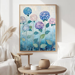 Hydrangea Field Wall Art, William Morris Inspired Floral Canvas, Multicolor Botanical Print, Wooden Framed Cottagecore Nature Home Decor