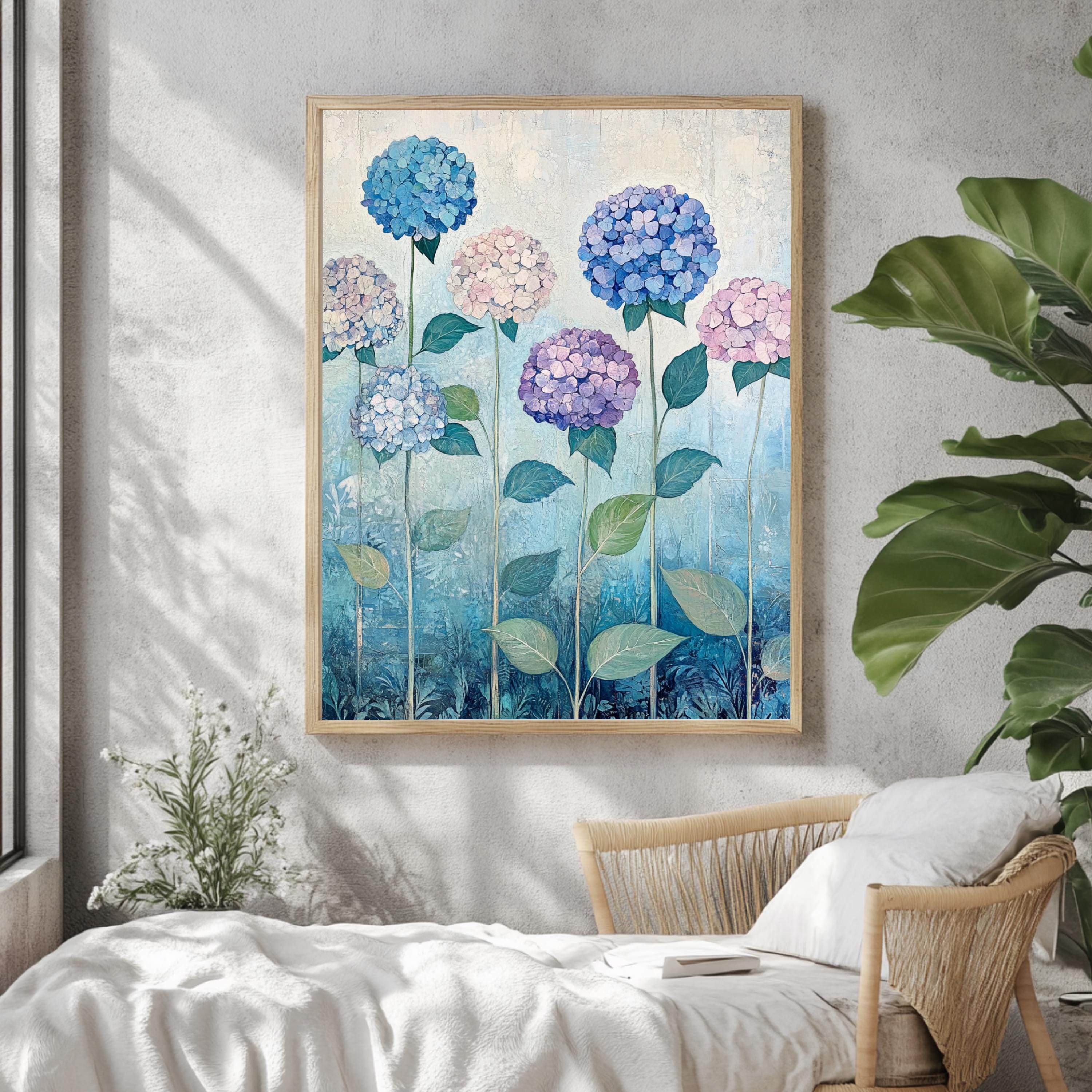 Hydrangea Field Wall Art, William Morris Inspired Floral Canvas, Multicolor Botanical Print, Wooden Framed Cottagecore Nature Home Decor