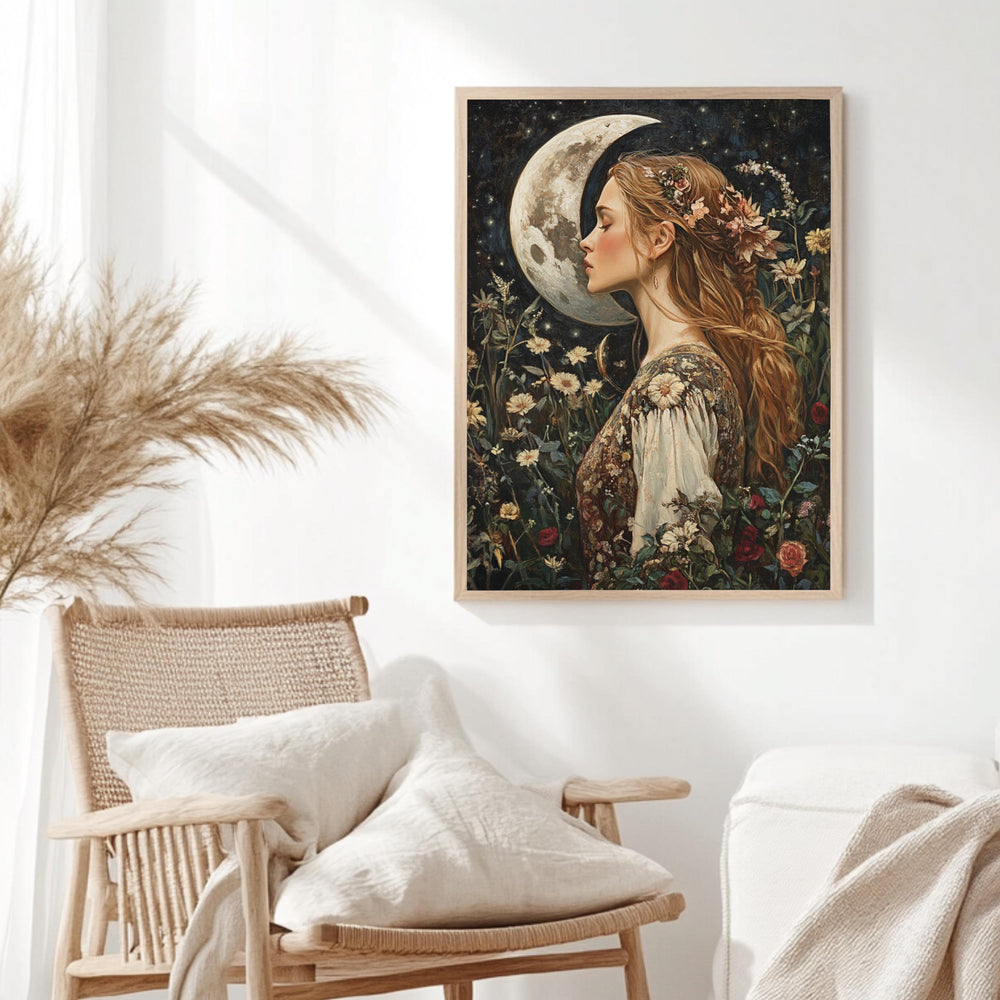 Moon Kiss Wall Art, William Morris Inspired Romantic Woman Canvas, Botanical Celestial Print, Wooden Framed Cottagecore Night Decor